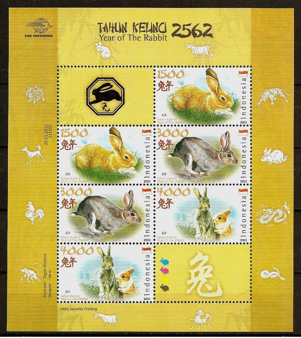 INDONESIA 2011 - YEAR Of The RABBIT / Rabbit Zodiac Sheet - 2x3v MNH ** I752a - Indonesien