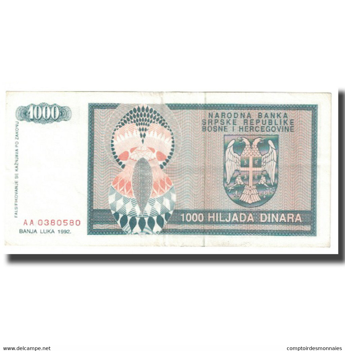Billet, Bosnia - Herzegovina, 1000 Dinara, 1992, KM:137a, TTB - Bosnia Erzegovina