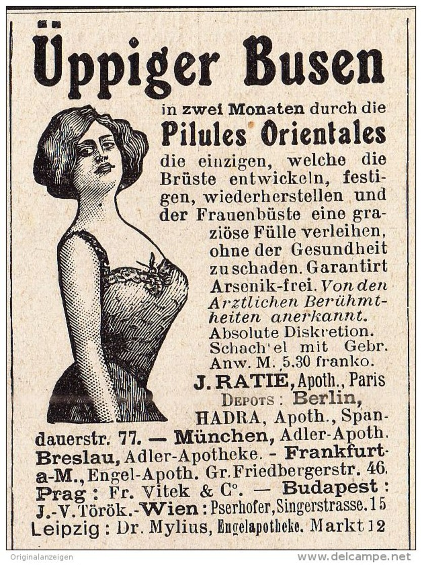 Original-Werbung/Anzeige 1909 - ÜPPIGER BUSEN / PILULES ORIENTALES - Ca. 45 X 60 Mm - Advertising