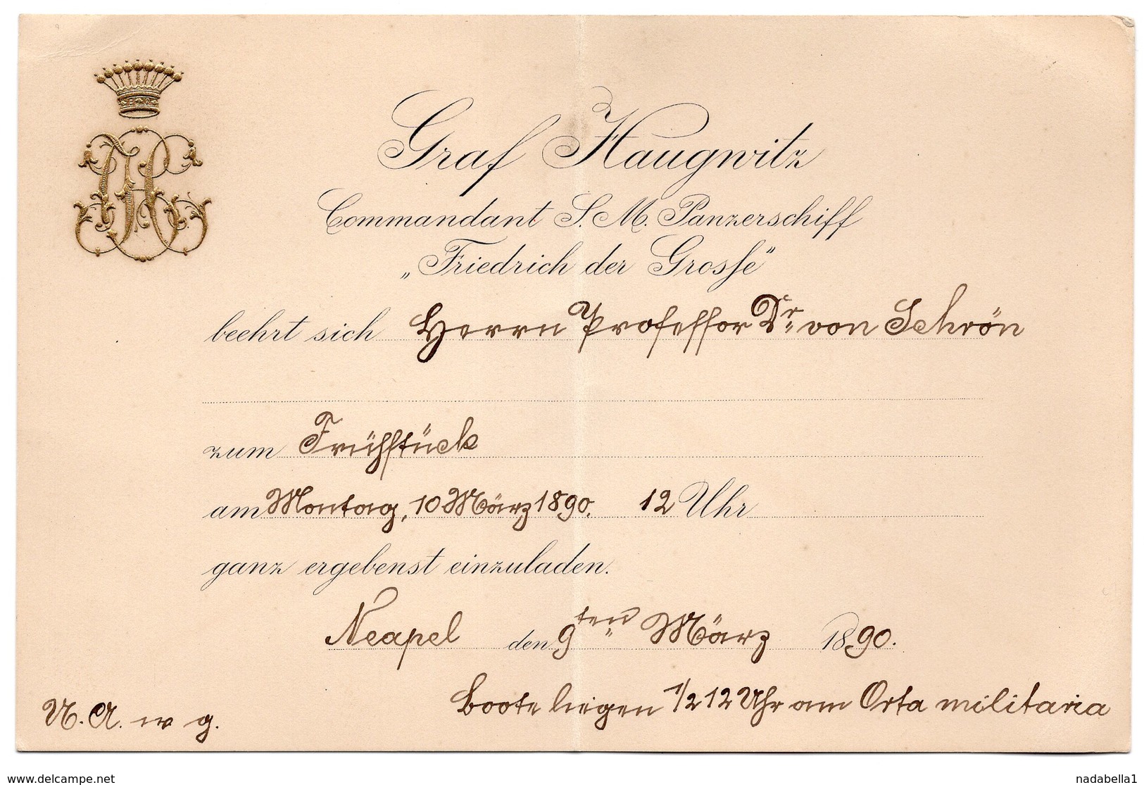 1890 GERMANY, ITALY, NAPOLY, NAPLES, BATTLESHIP, FRIEDRICH DER GROSSE, CAPTAINS INVITATION - Boats