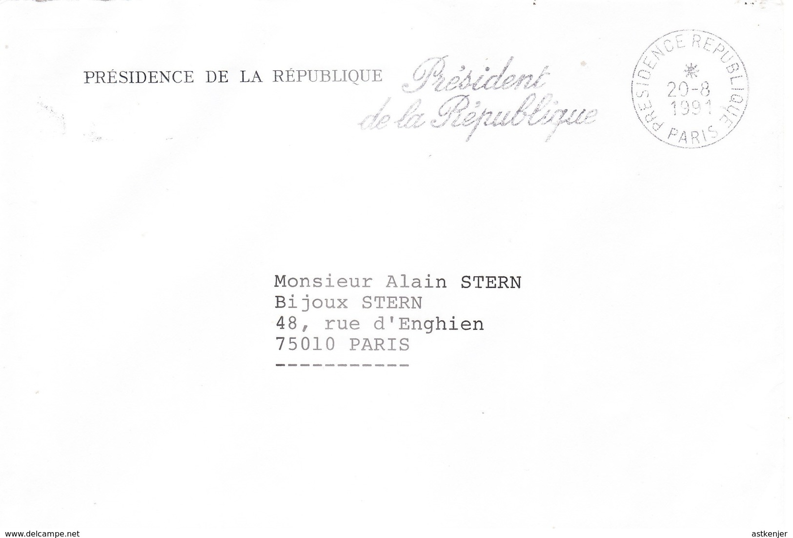 FRANCE - Enveloppe En Provenance De LA PRESIDENCE DE LA REPUBLIQUE Ayant Circulée Le 20.08.1991 - Oblitérés