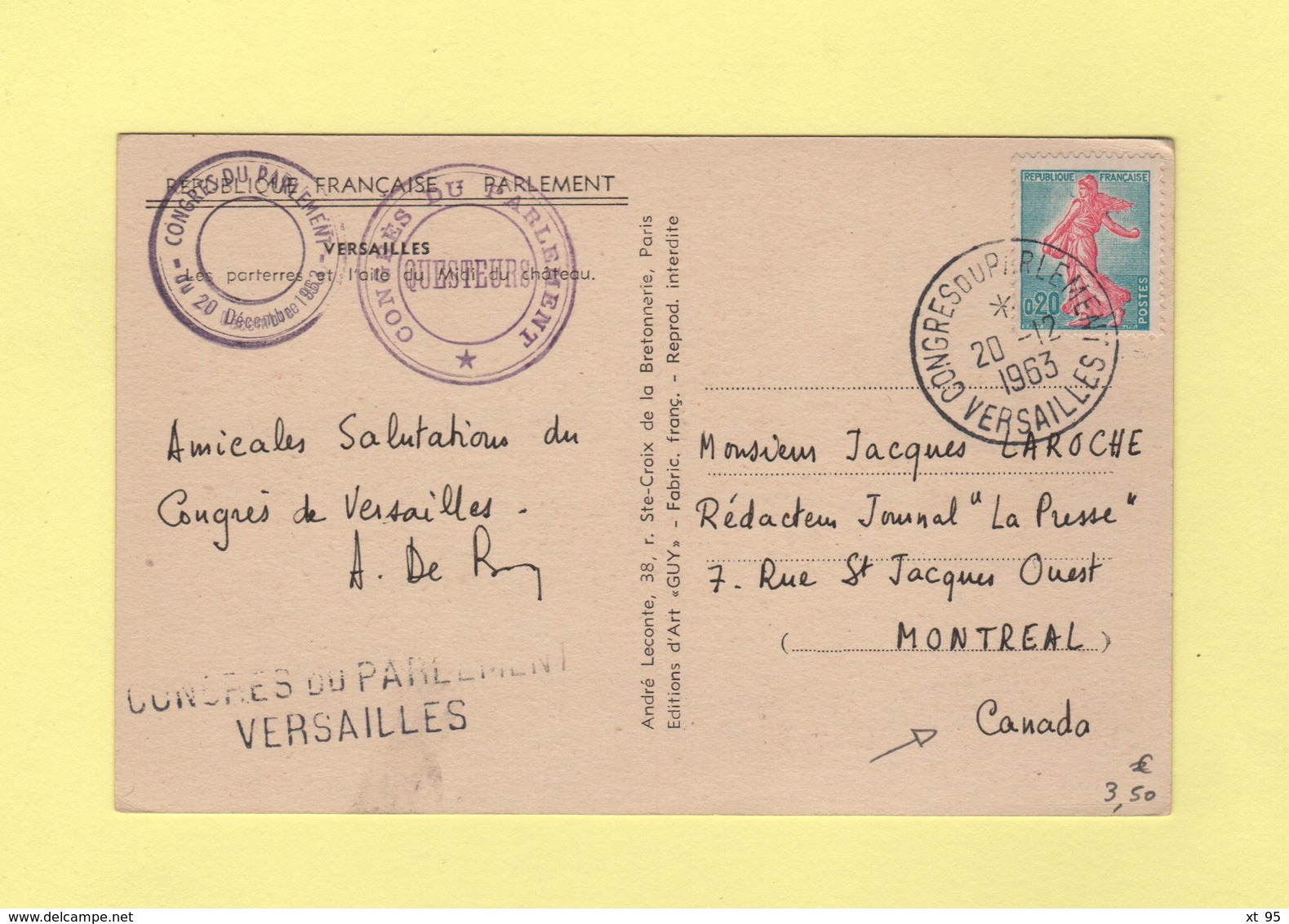 Congres Du Parlement - Versailles - 20-12-1963 - Destination Canada - Semeuse De Piel - 1961-....