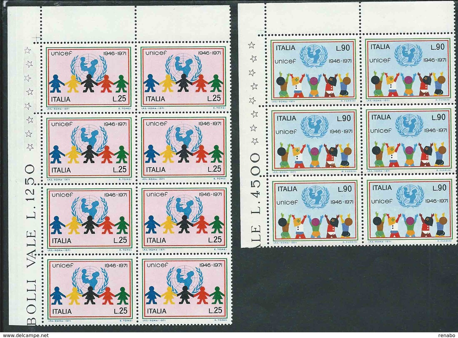 Italia 1971; 25° Anniversario UNICEF. Serie Completa In Blocchi D' Angolo Superiore: Lire 25 Con 8 Valori, Lire 90 Con 6 - 1971-80:  Nuovi