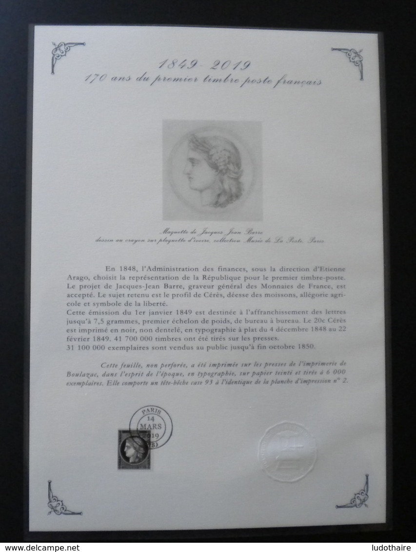 Document Philatélique Cérès 0.20 € Contenu Dans Le Coffret Prestige 170 Ans Du Premier Timbre De France 1849/2019 - Documents Of Postal Services