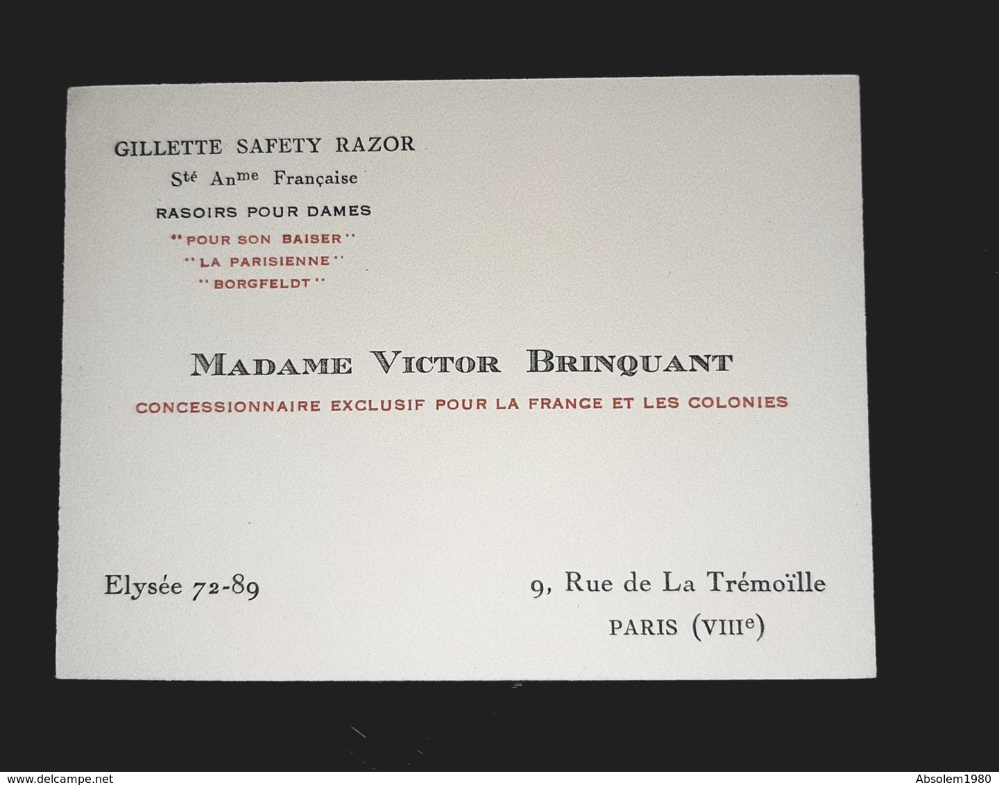 ANCIENNE CARTE VISITE GILETTE SAFETY RAZOR RASOIR POUR DAMES MADAME VICTOR BRINQUANT CONCESSIONNAIRE PARIS 8 - Cartoncini Da Visita