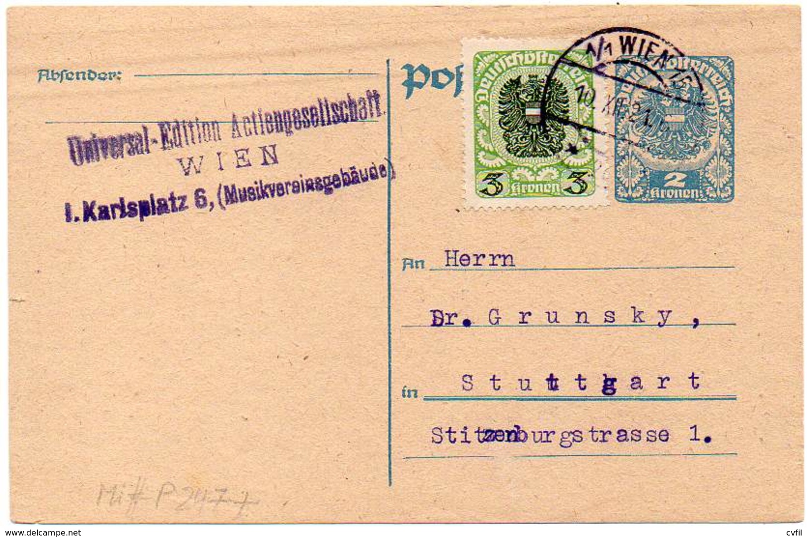 AUSTRIA 1921. Entire Postal Card Of 2 Kronen Plus Additional Postage Of 3 Kronen To Stuttgart, Germany - Briefe U. Dokumente