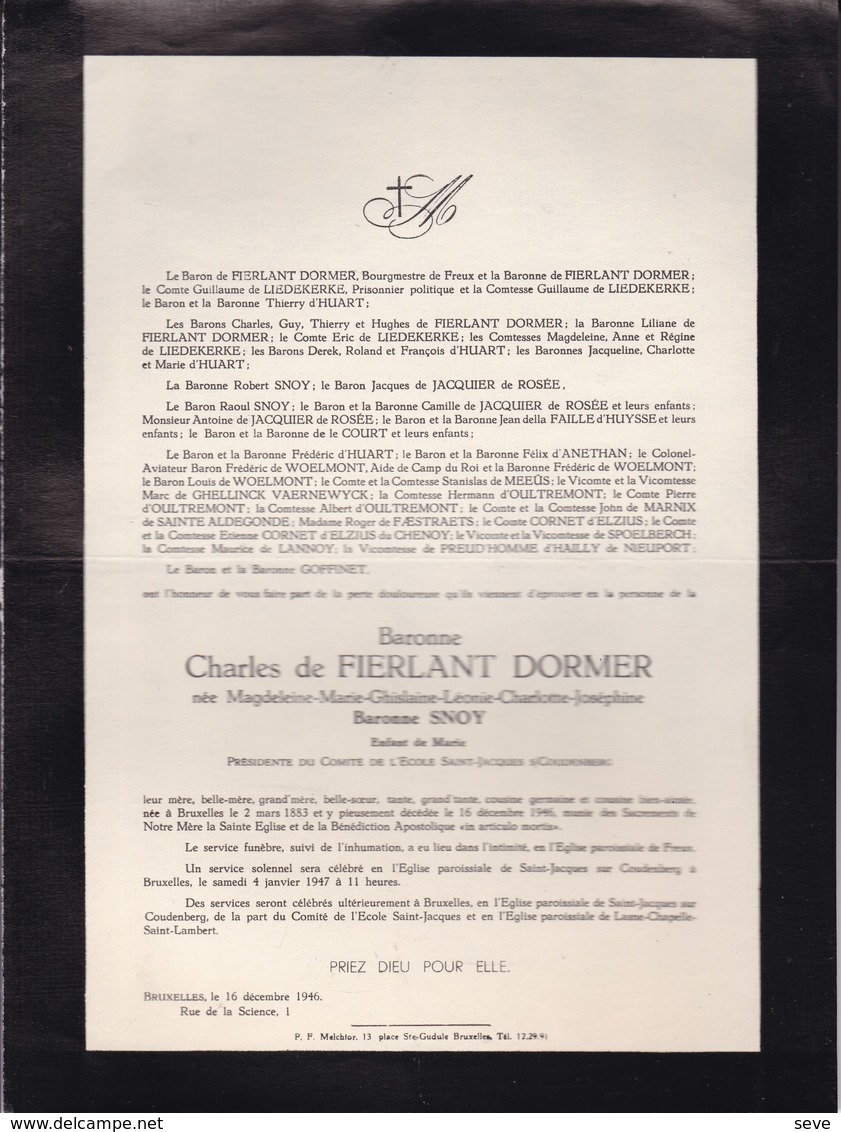 FREUX LASNE Magdeleine SNOY Baronne Charles De FIERLANT DORMER 1883-1946 Familles De LIEDEKERKE D'HUART - Décès