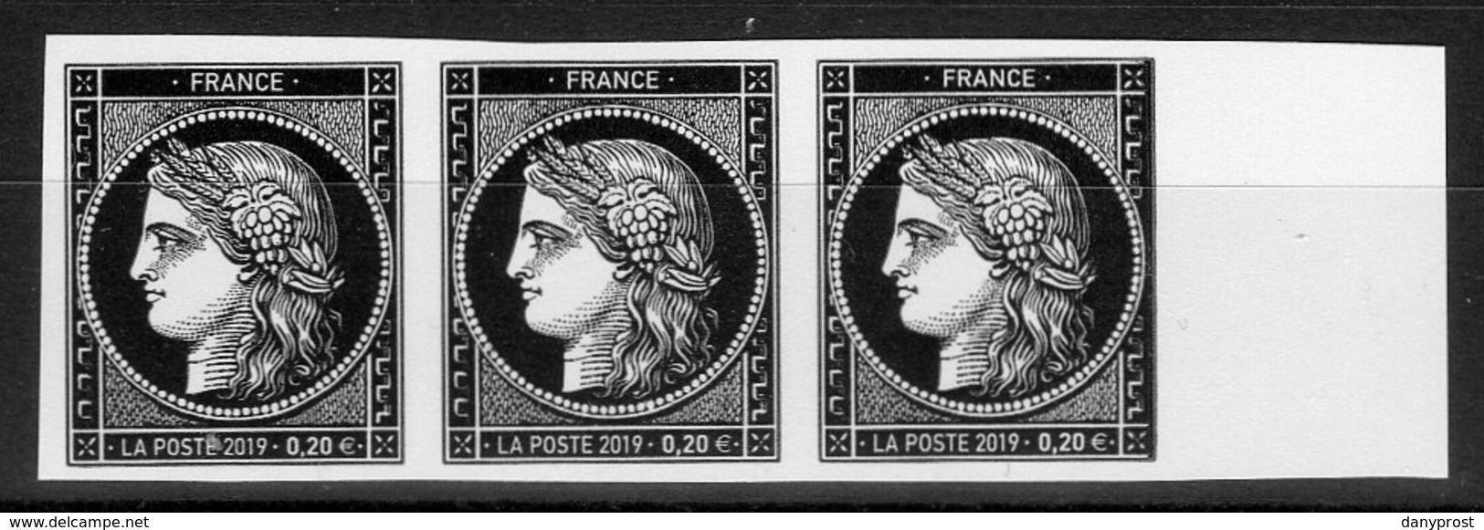 2019-bande 3ex Bord De Feuille-non Dentelé CERES NOIR à 0.20 €-ISSU BLOC PRESTIGE " Les 170 Ans Du 1er Timbre Français " - Neufs