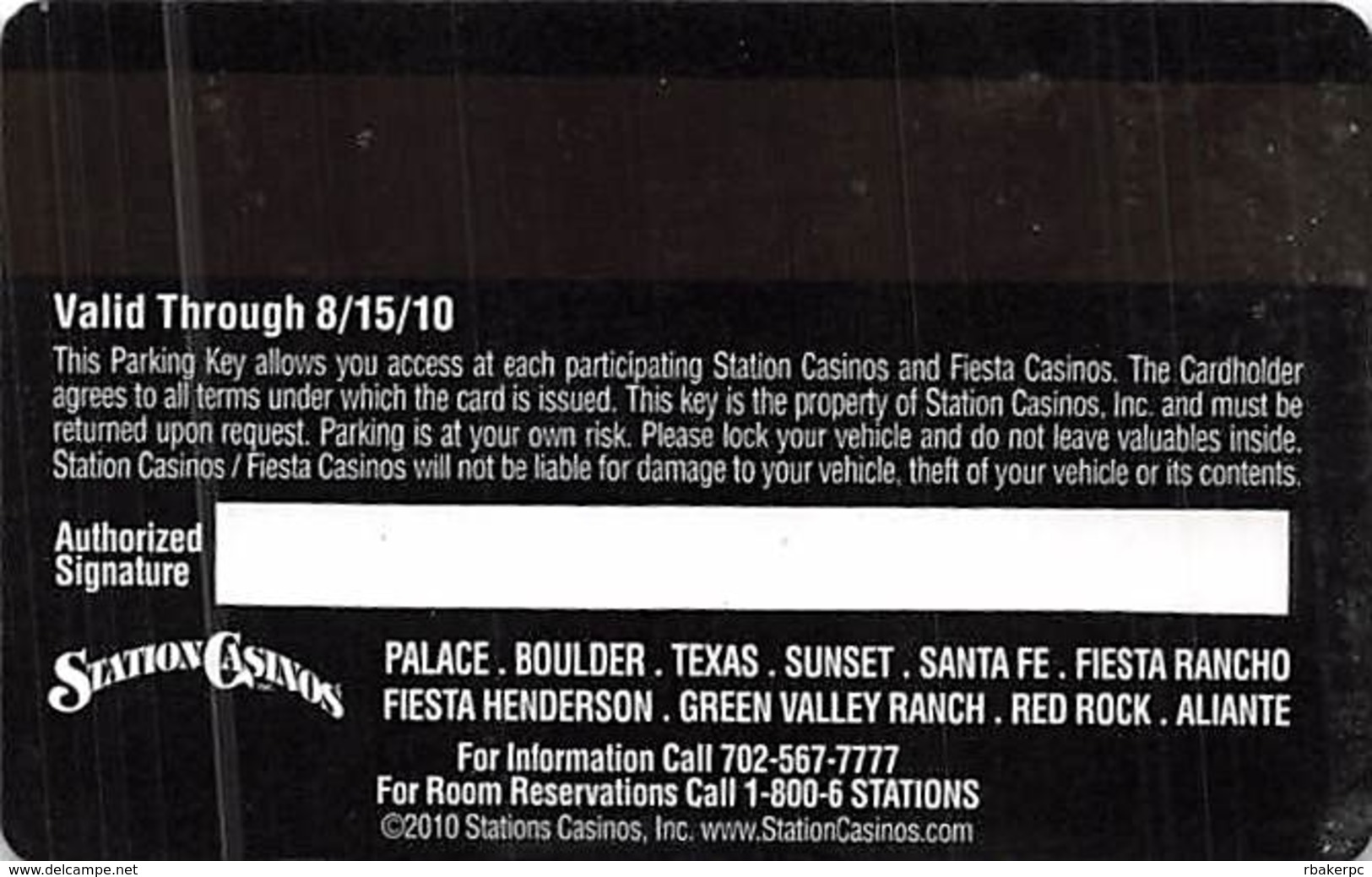 Station Casinos Las Vegas, NV - VIP Parking Card - Copyright 2010 - Exp 8/15/10 - Casino Cards