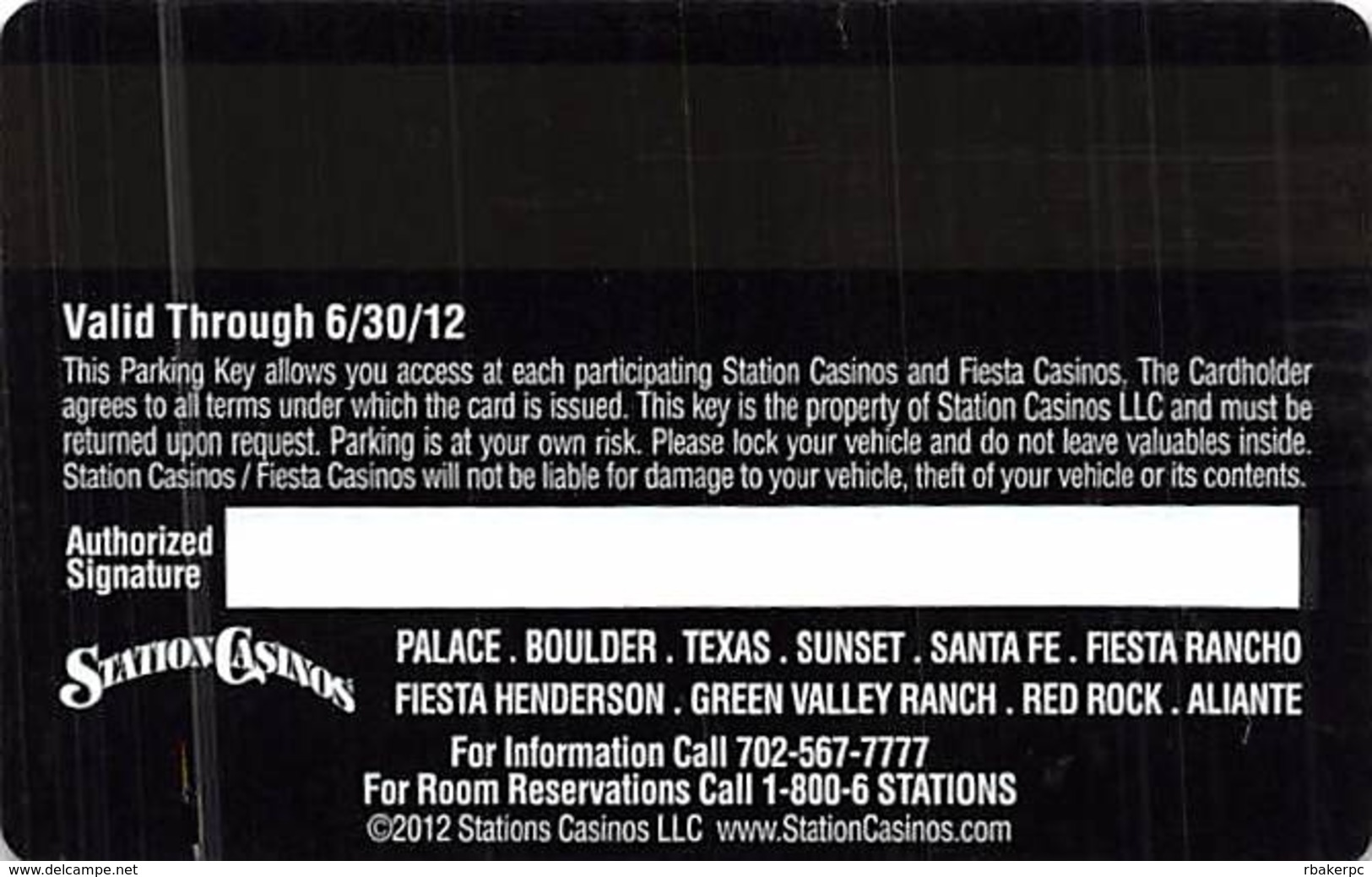Station Casinos Las Vegas, NV - VIP Parking Card - Copyright 2012 - Exp 6/30/12 - Casino Cards