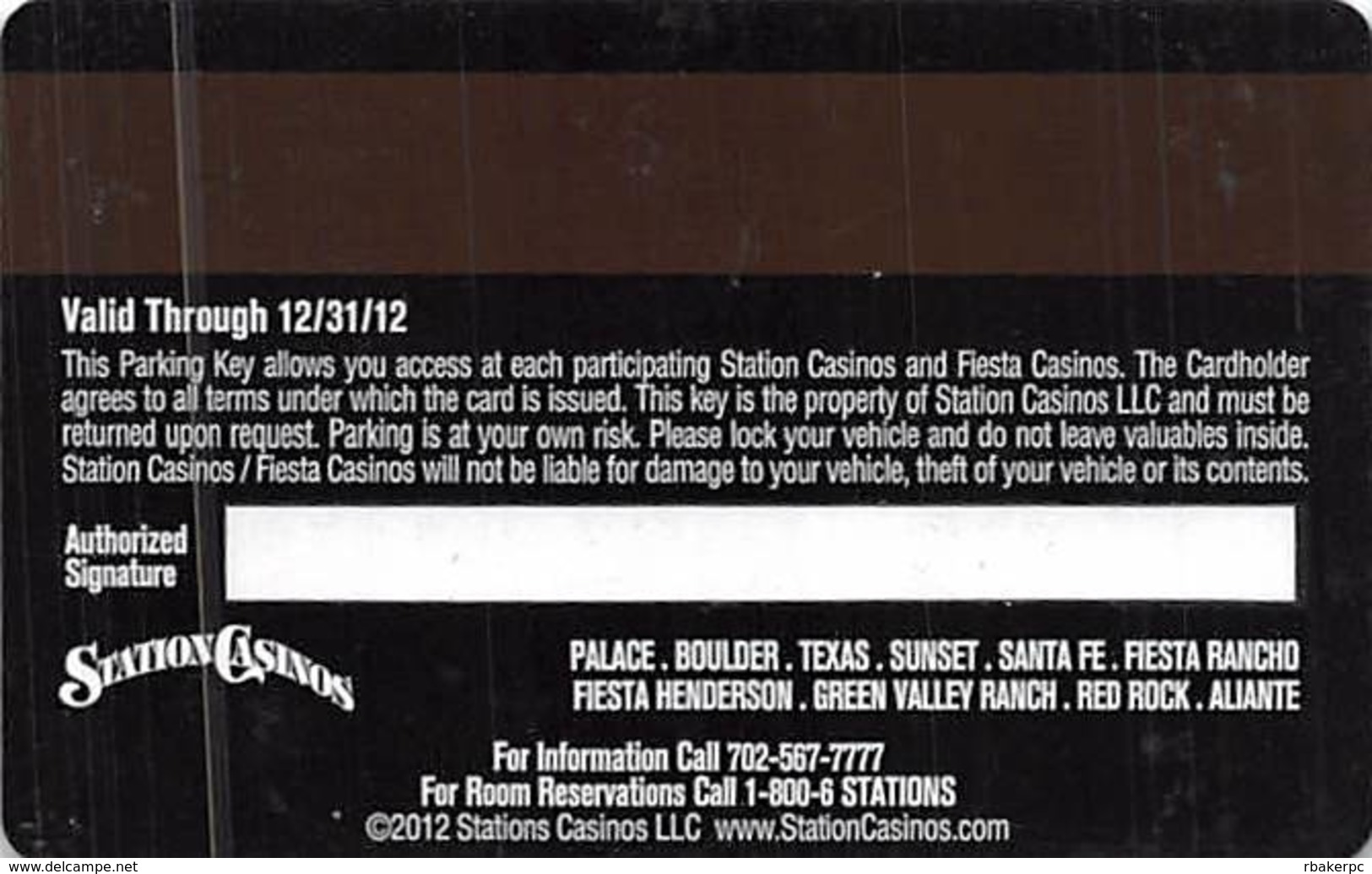 Station Casinos Las Vegas, NV - VIP Parking Card - Copyright 2012 - Exp 12/31/12 - Casino Cards