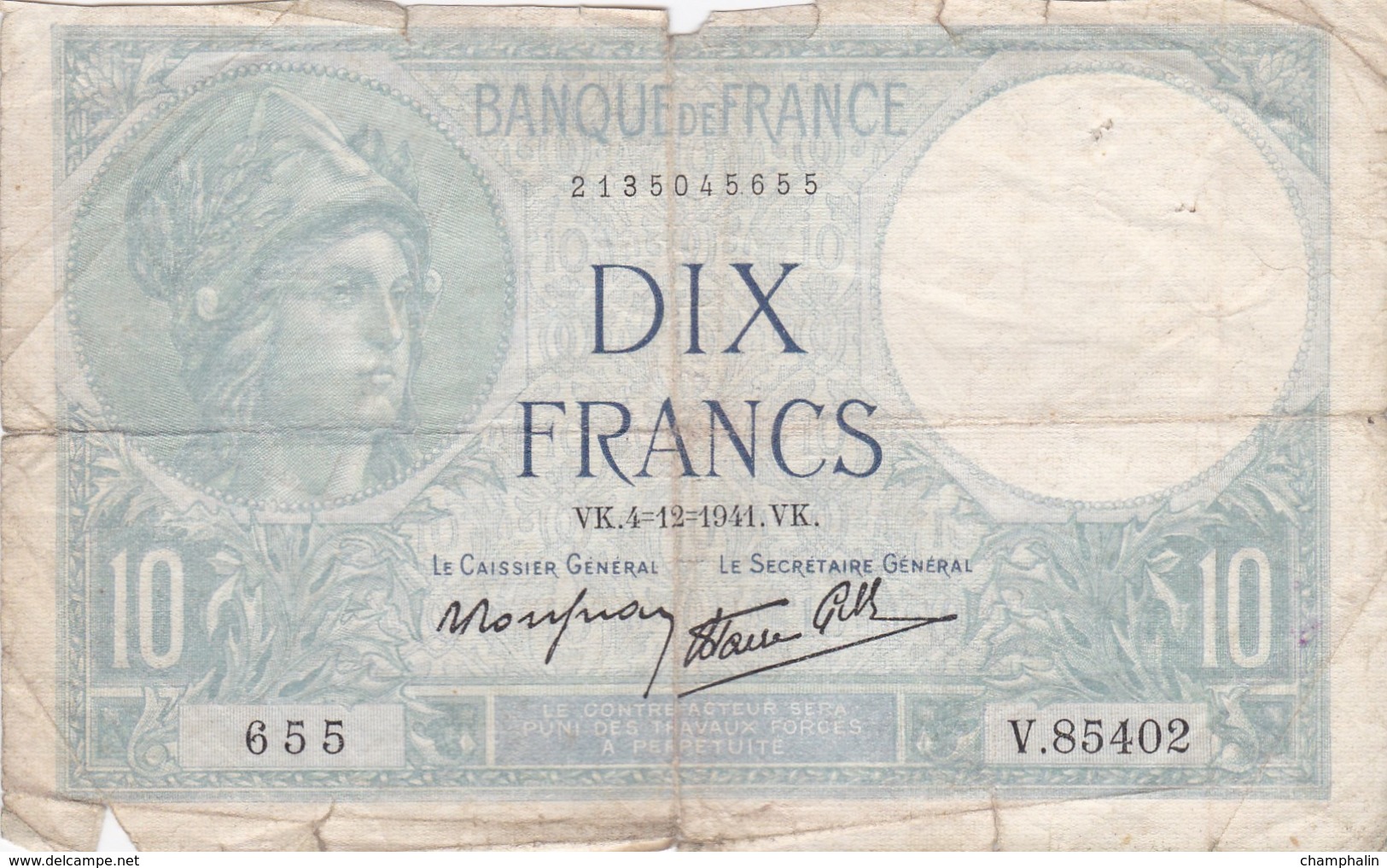 France - Billet De 10 Francs Type Minerve - 4 Décembre 1941 - 10 F 1916-1942 ''Minerve''