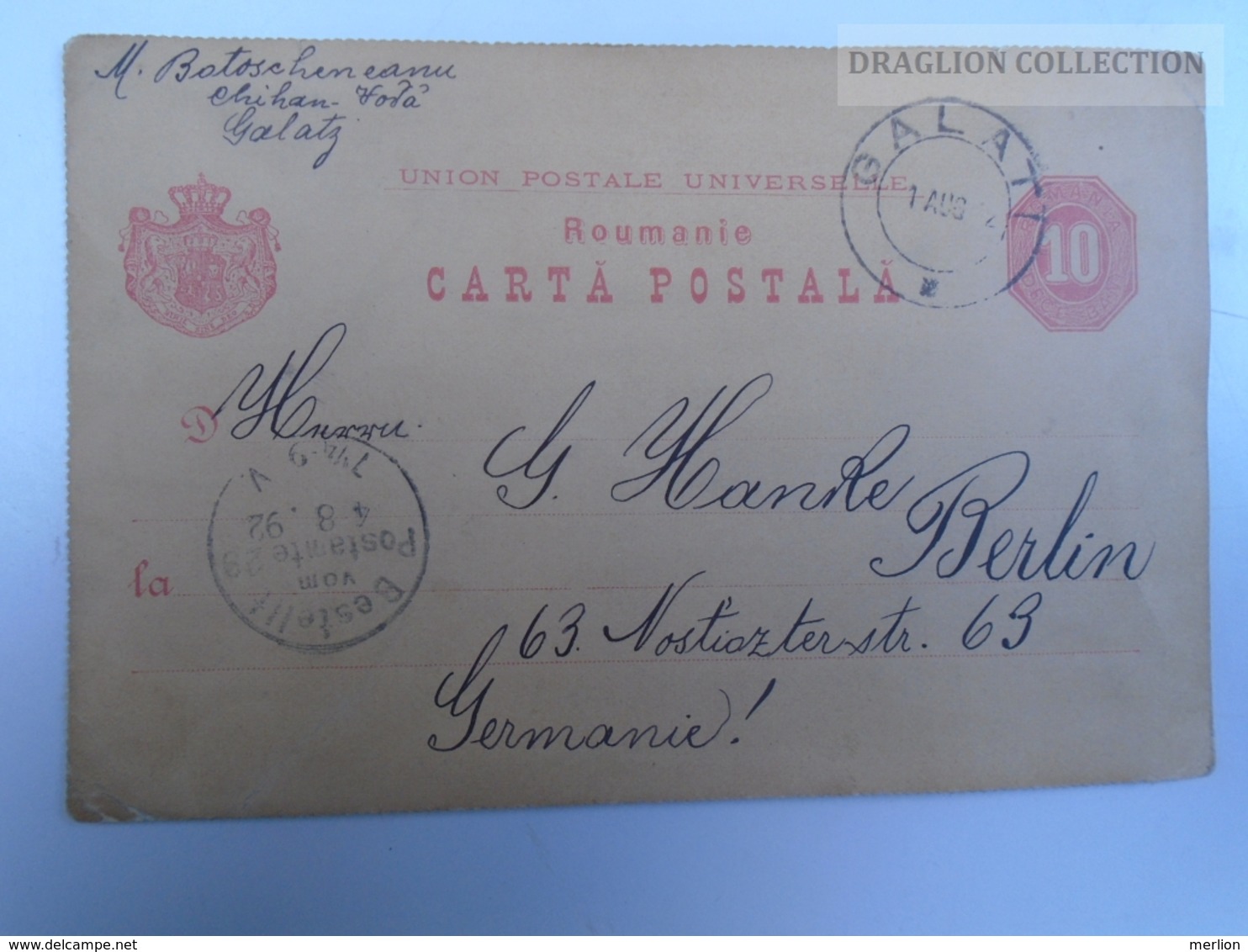 E0177 Romania Postal Stationery Entier Ganzsache 10 Bani  1892  Cancel GALATI  To Berlin - Postal Stationery