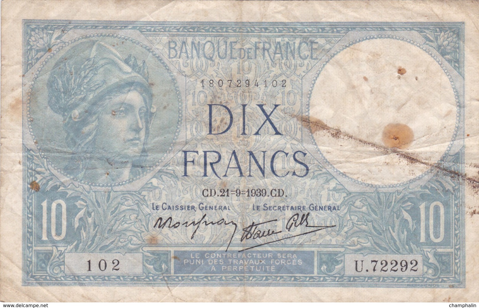 France - Billet De 10 Francs Type Minerve - 21 Septembre 1939 - 10 F 1916-1942 ''Minerve''