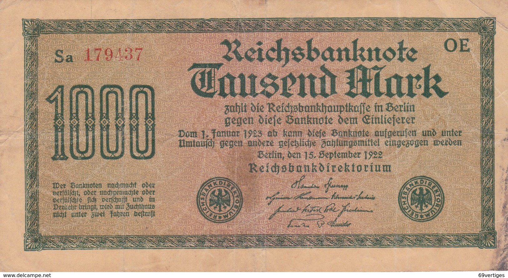 1000 MARK, Berlin 1922, Sa 179437 OE - 1000 Mark