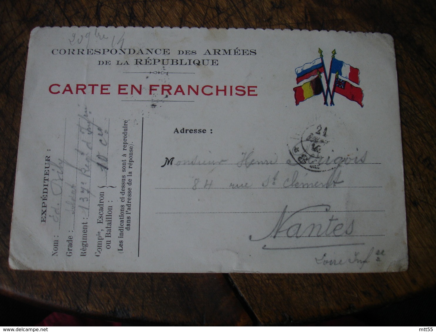 Carte Franchise 4 Drapeau Allies Coin Droit Tresor Et Postes 82 Cachet Franchise Postale Militaire Guerre 14.18 - Guerre De 1914-18