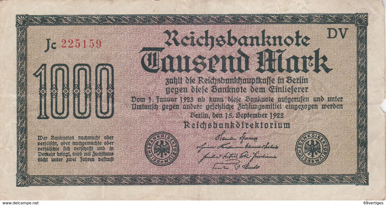 1000 MARK, Berlin 1922, Jc 225159 DV - 1000 Mark
