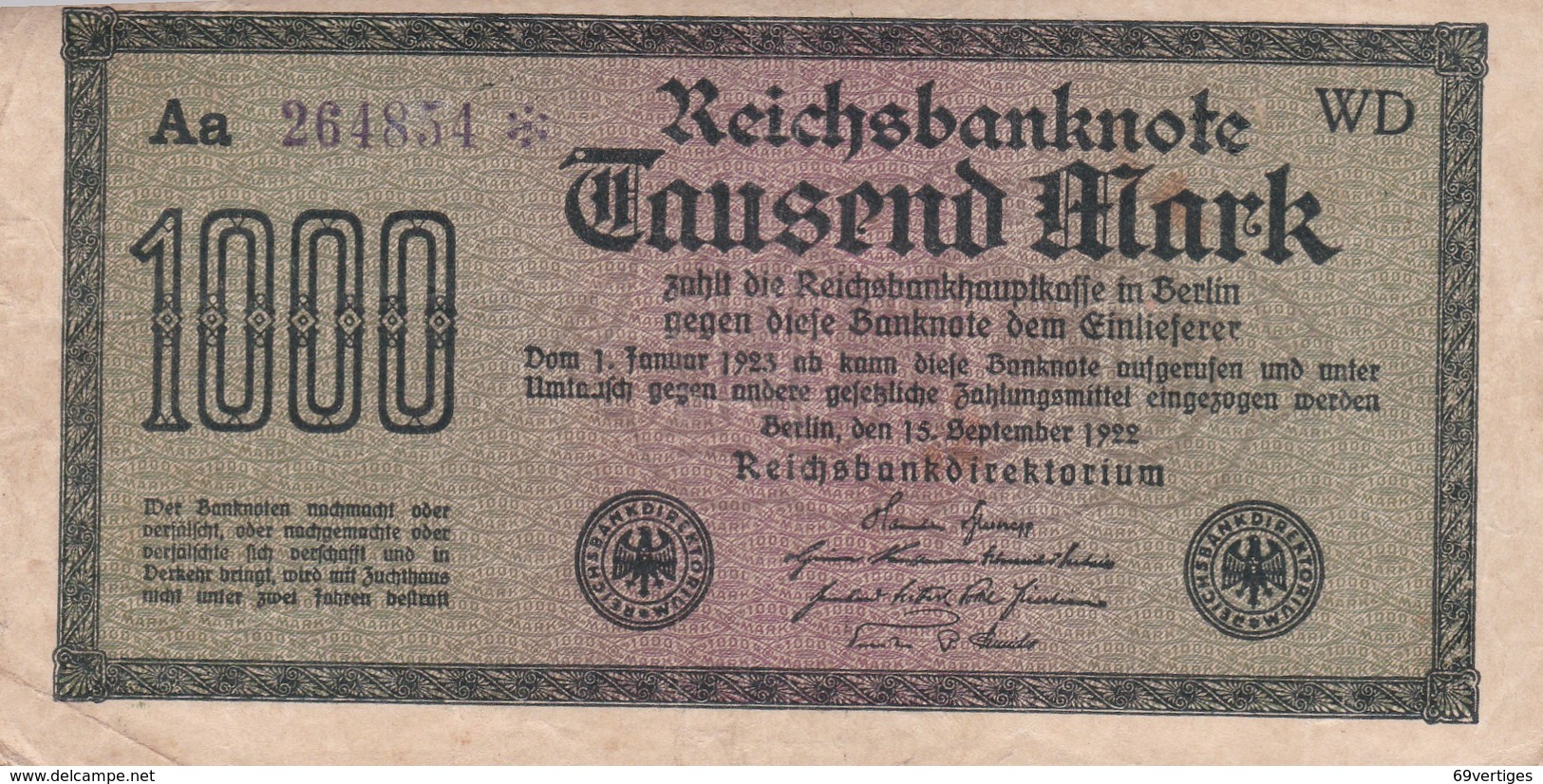 1000 MARK, Berlin 1922, Aa 264834 * WD, Série Etoile - 1.000 Mark