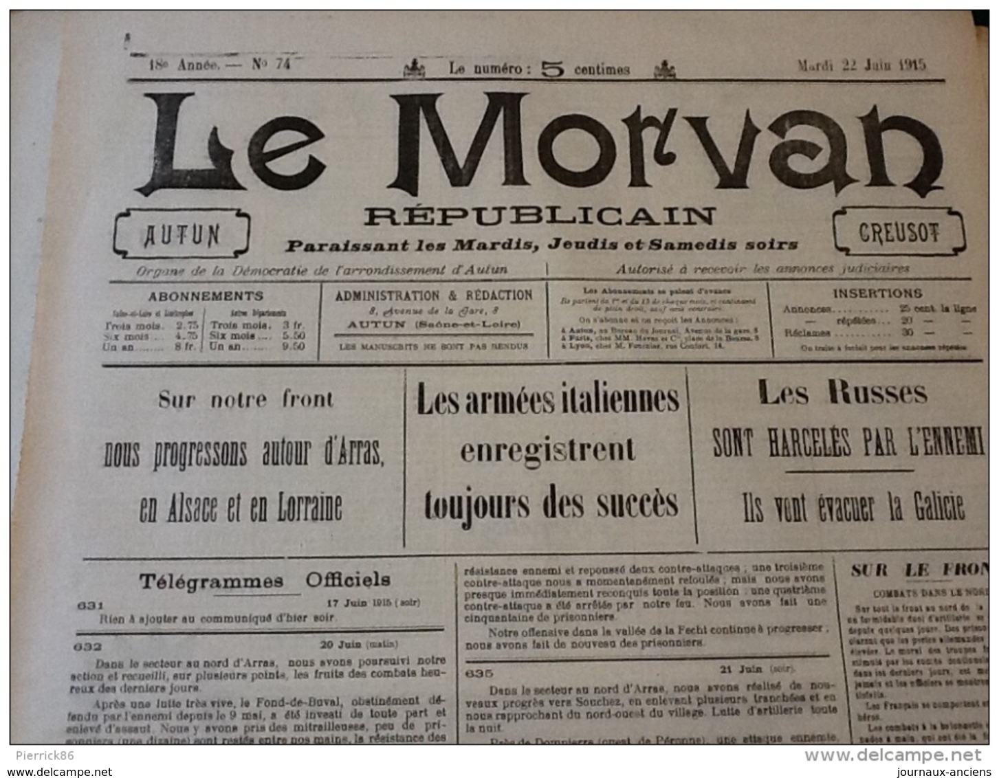 13 JOURNAUX DE JUIN 1915 Guerre 14/18 LE MORVAN RÉPUBLICAIN A VOIR