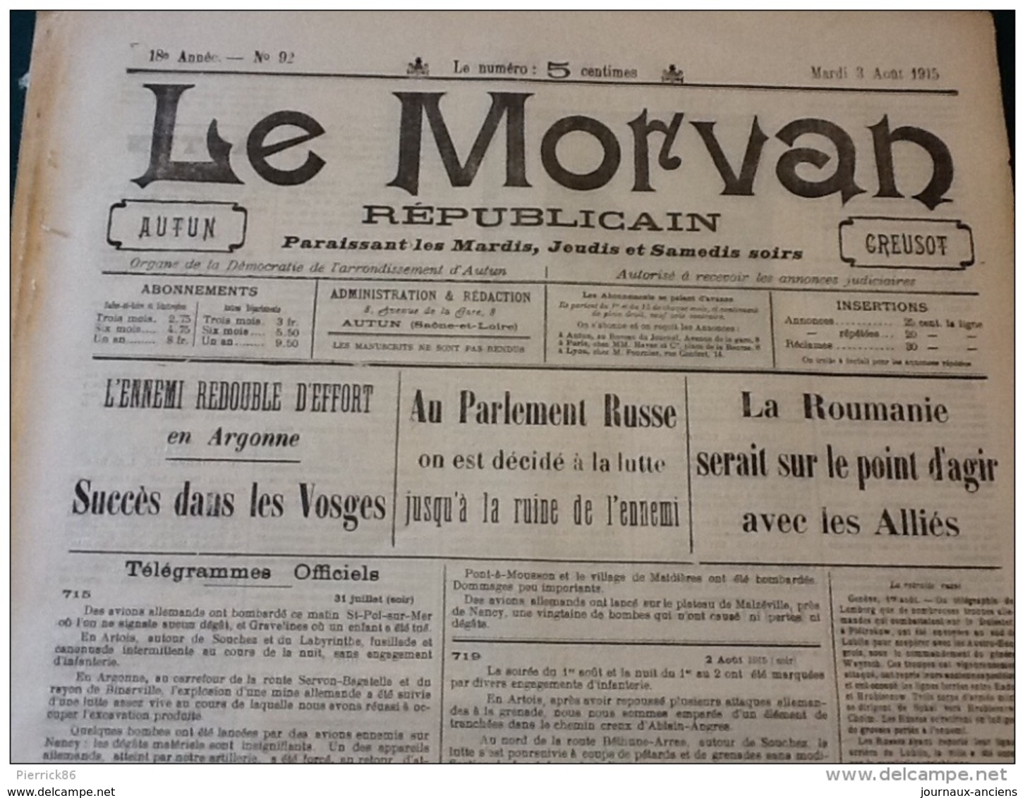 13 JOURNAUX DE AOÛT 1915 Guerre 14/18 LE MORVAN RÉPUBLICAIN / SAÔNE ET LOIRE  A VOIR - Français