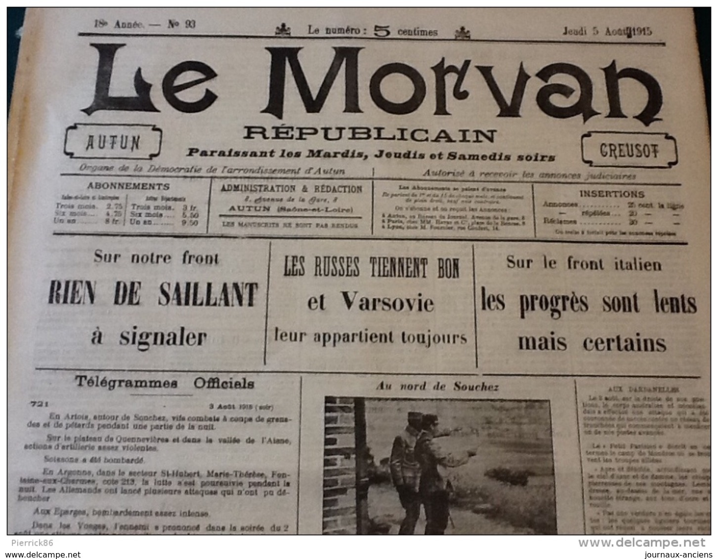 13 JOURNAUX DE AOÛT 1915 Guerre 14/18 LE MORVAN RÉPUBLICAIN / SAÔNE ET LOIRE  A VOIR - Français