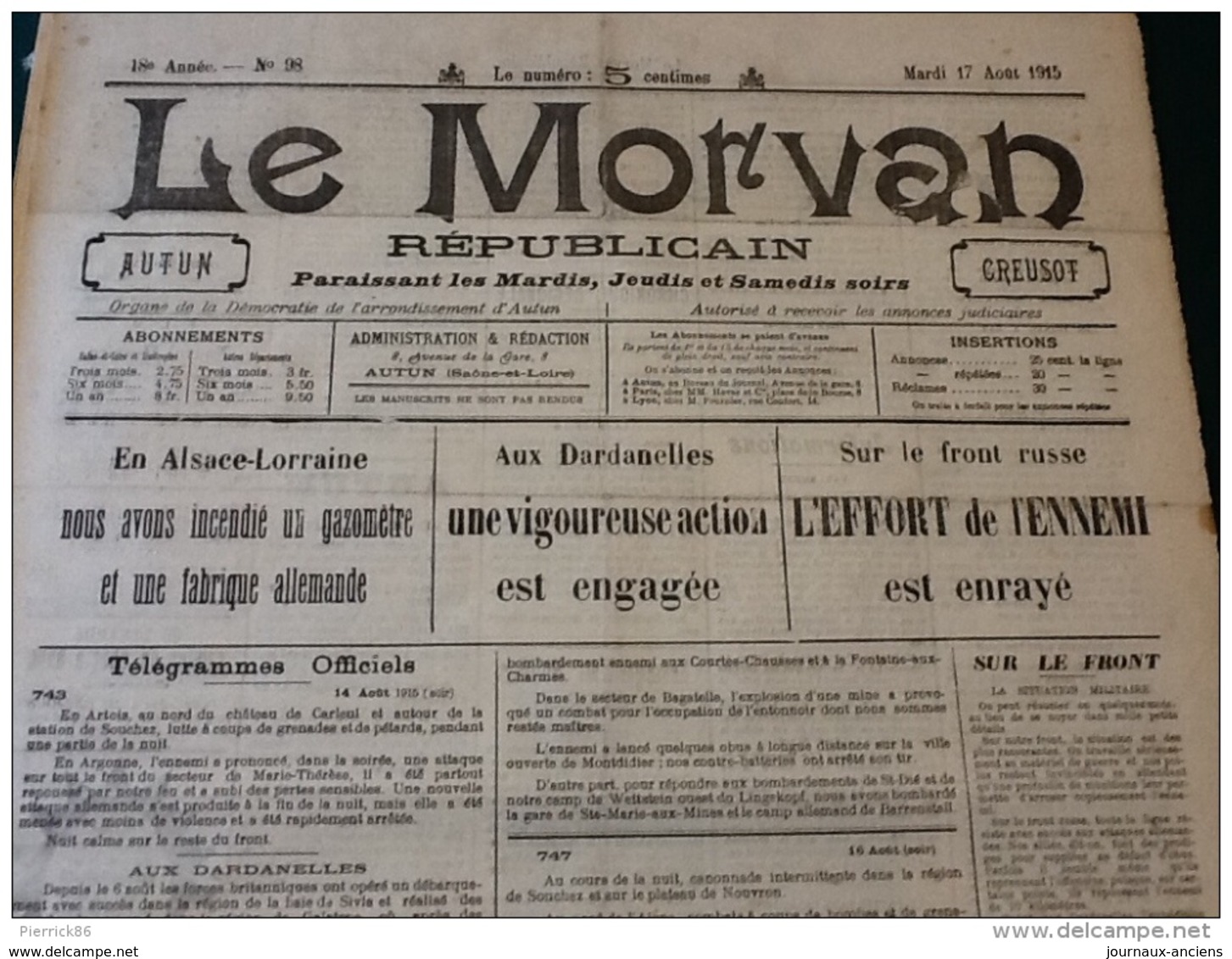 13 JOURNAUX DE AOÛT 1915 Guerre 14/18 LE MORVAN RÉPUBLICAIN / SAÔNE ET LOIRE  A VOIR