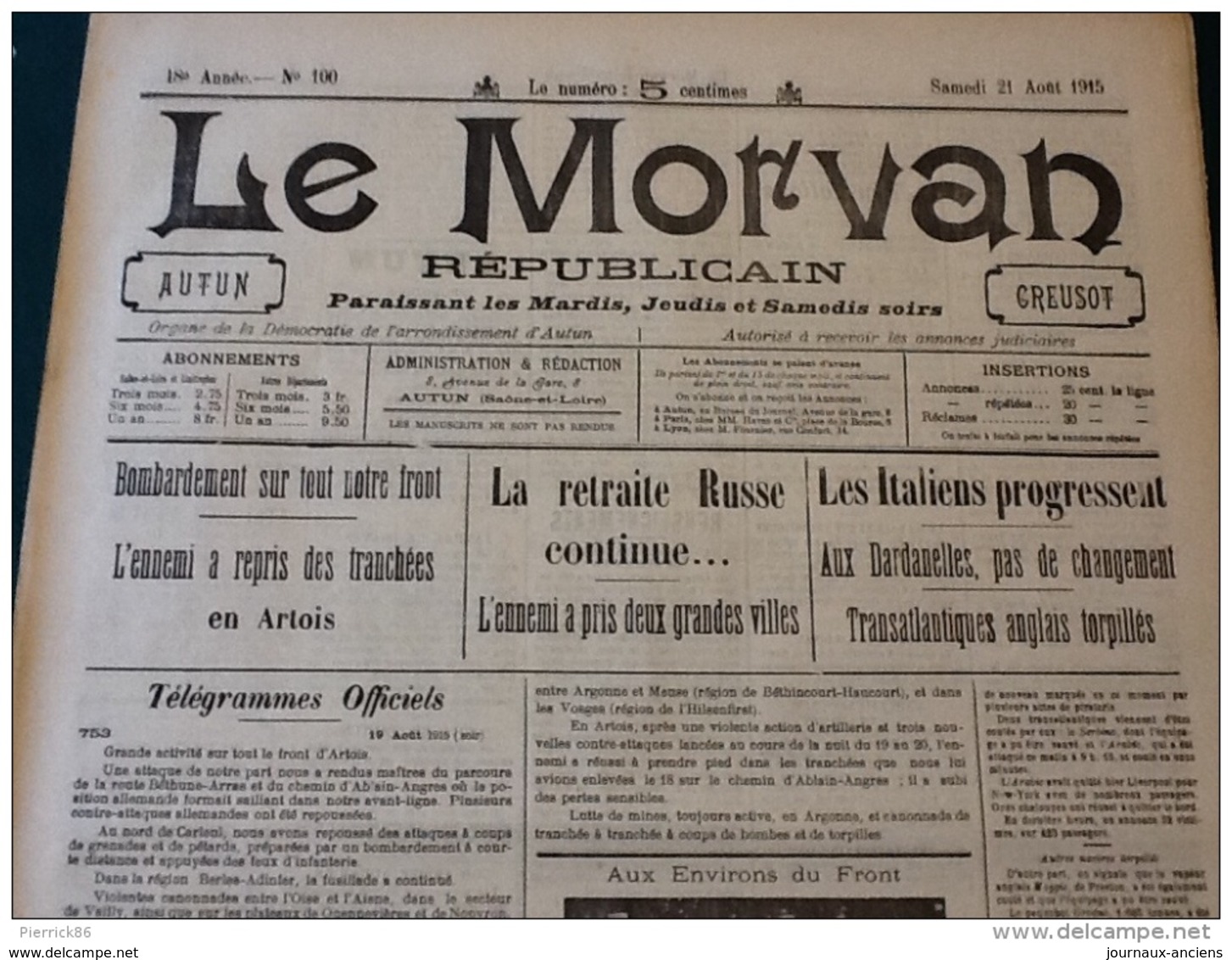 13 JOURNAUX DE AOÛT 1915 Guerre 14/18 LE MORVAN RÉPUBLICAIN / SAÔNE ET LOIRE  A VOIR