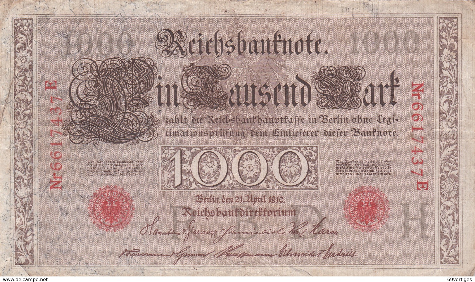 1000 Marck, Berlin 1910, Nr 6617437 E - 1000 Mark