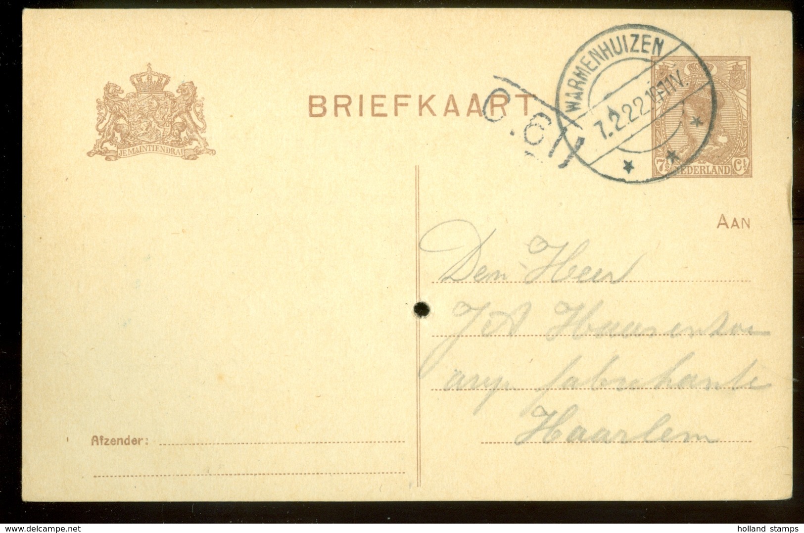 HANDGESCHREVEN BRIEFKAART Uit 1922 Van WARMENHUIZEN Naar HAARLEM (11.547c) - Entiers Postaux