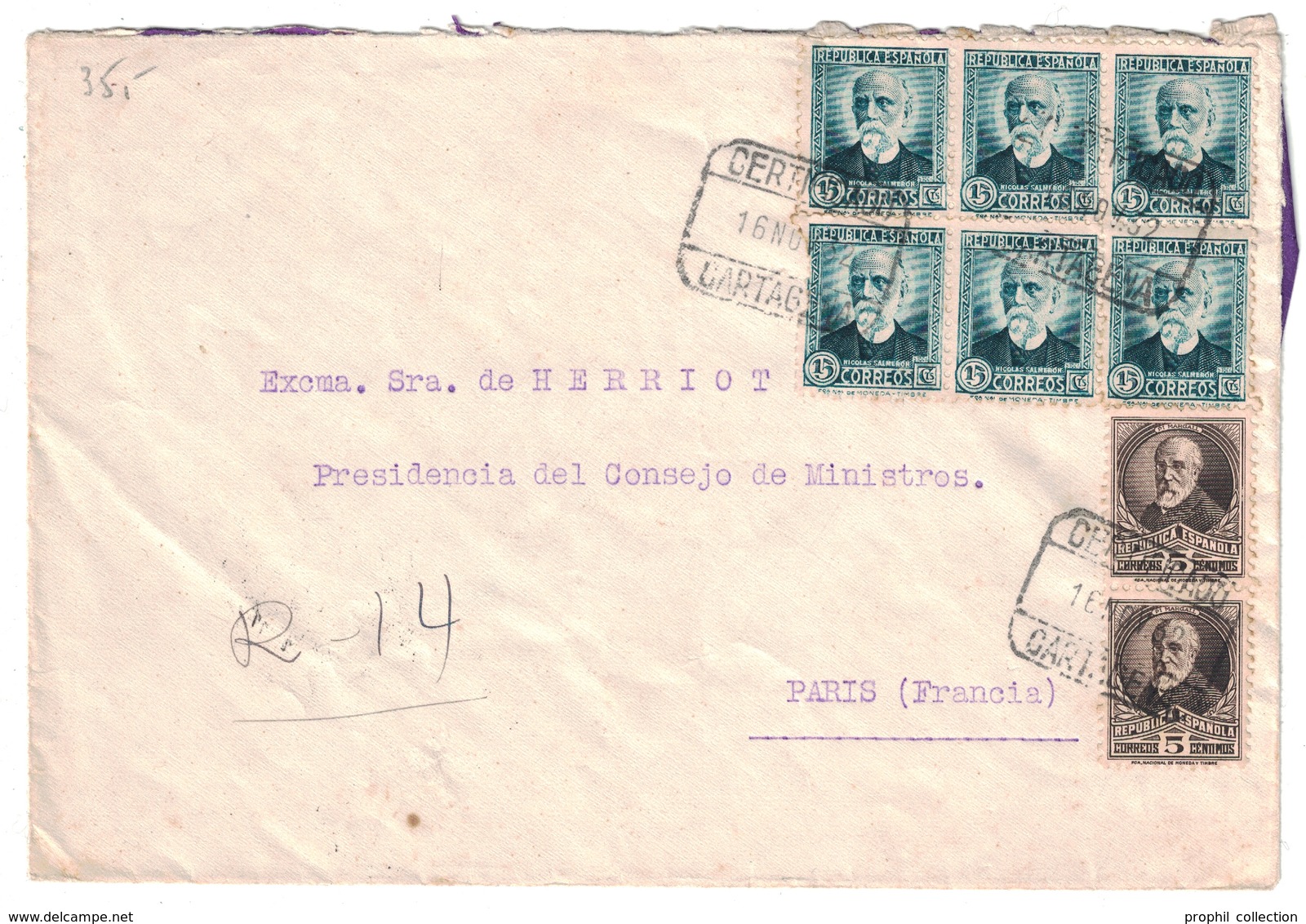 ESPAGNE SPAIN - LETTRE COVER RECOMMANDÉE REGISTERED CERTIFICADO De CARTAGENA Pour PARIS FRANCIA - Storia Postale