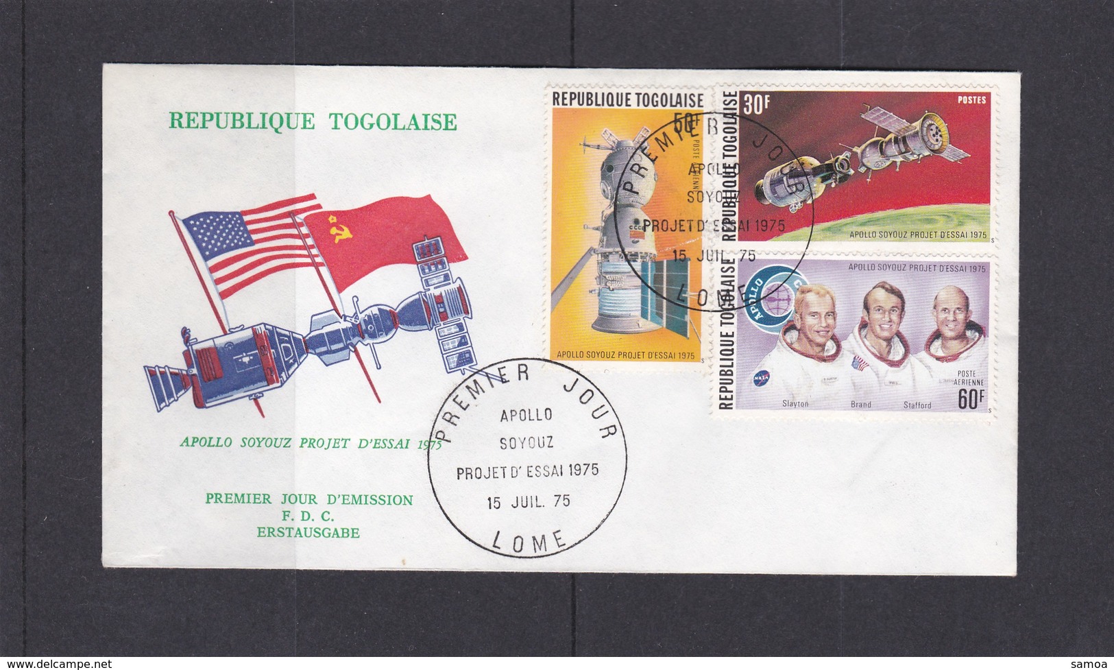 Togo 1975 850 PA 259-60 FDC Espace Apollo Soyouz Cosmonautes Drapeaux - Togo (1960-...)