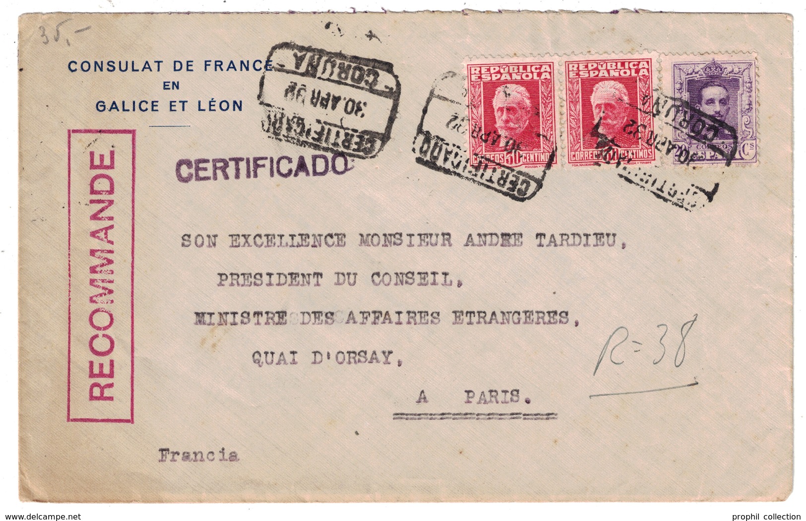 ESPAGNE SPAIN - LETTRE COVER RECOMMANDÉE REGISTERED CERTIFICADO De CORUNA Pour PARIS FRANCIA CONSULAT GALICE LEON - Storia Postale