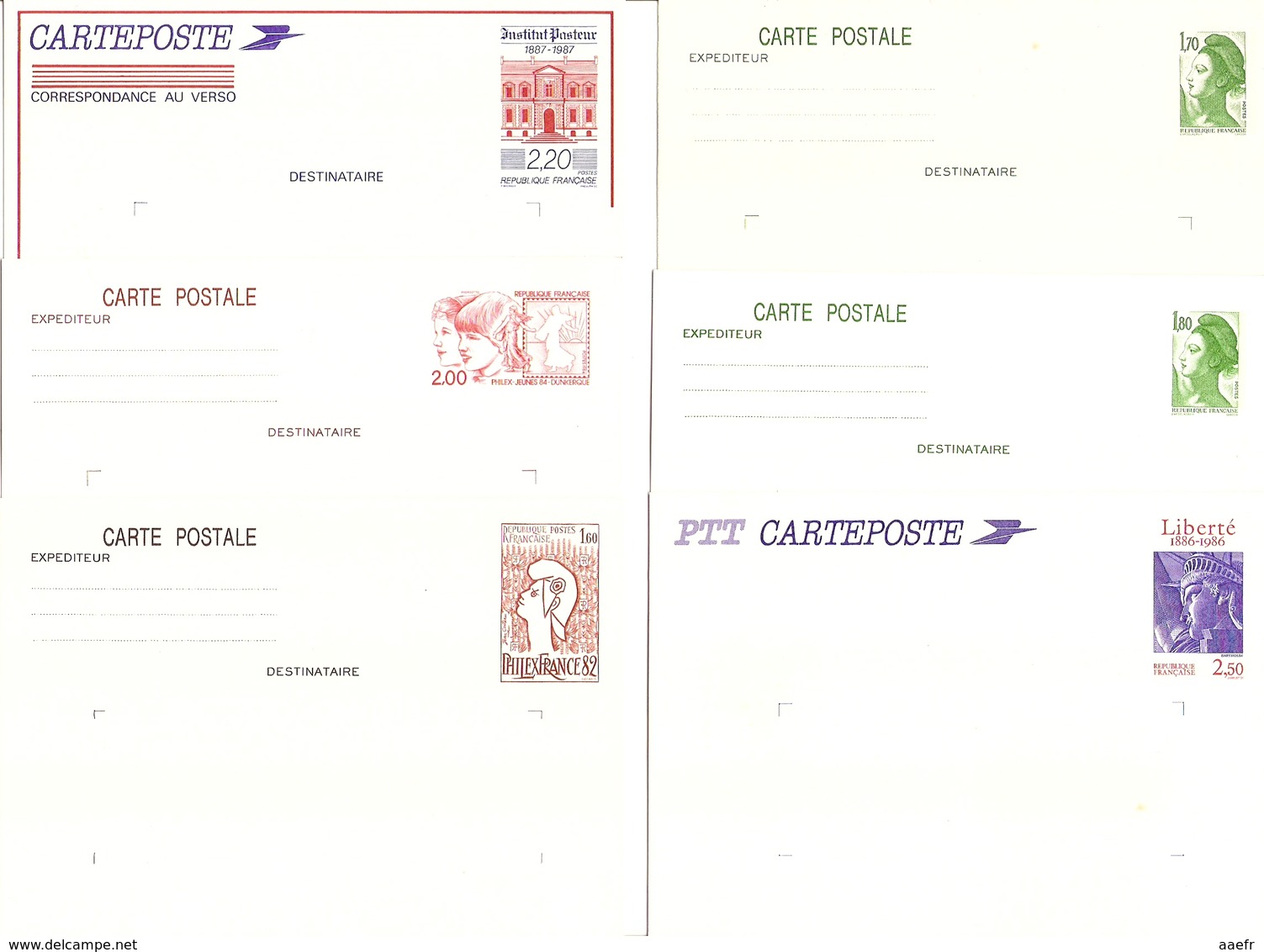 France - Petit Lot De 6 Entiers Postaux Neufs - Liberté De Gandon - Marianne De Cocteau - Institut Pasteur - Liberté ... - Cartes Postales Types Et TSC (avant 1995)