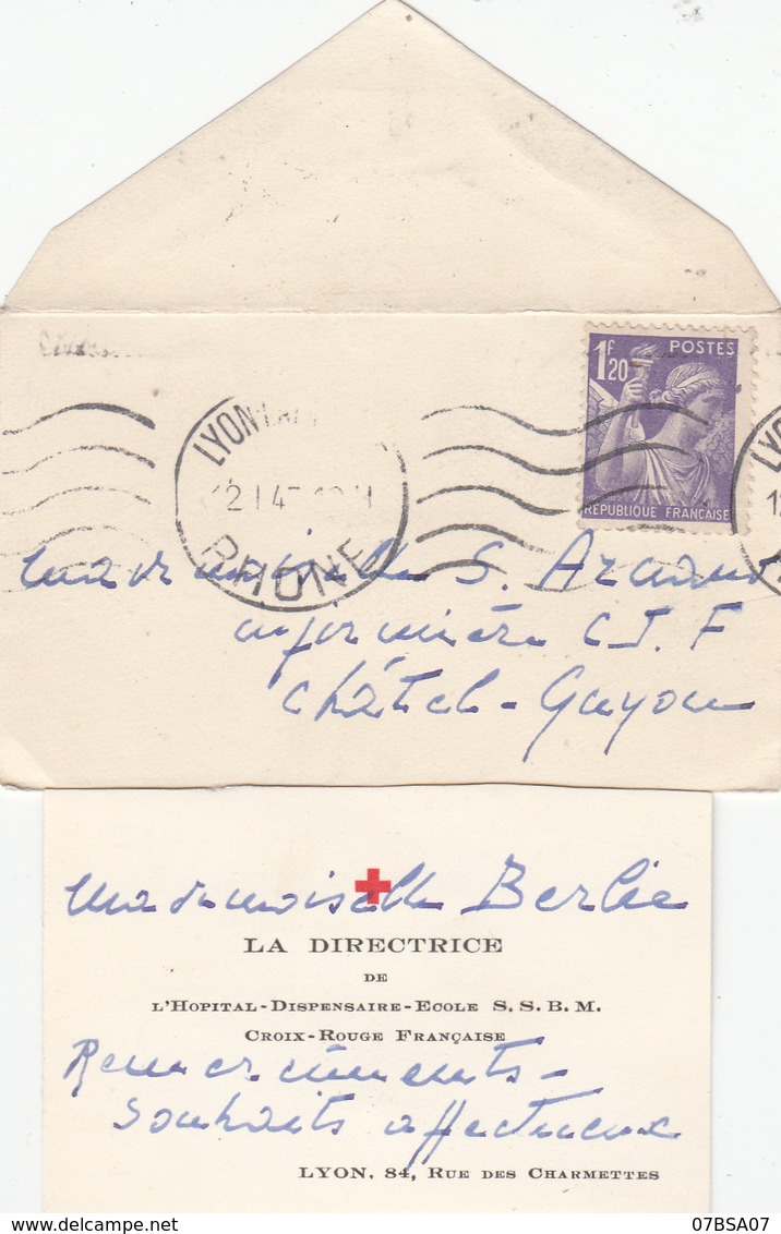 RHONE ENV MIGNONNETTE CARTE VISITE 1943 LYON HOPITAL SSBM CROIX ROUGE LES CHARMETTES => CHATEL GUYON PUY DE DOME - 1921-1960: Période Moderne