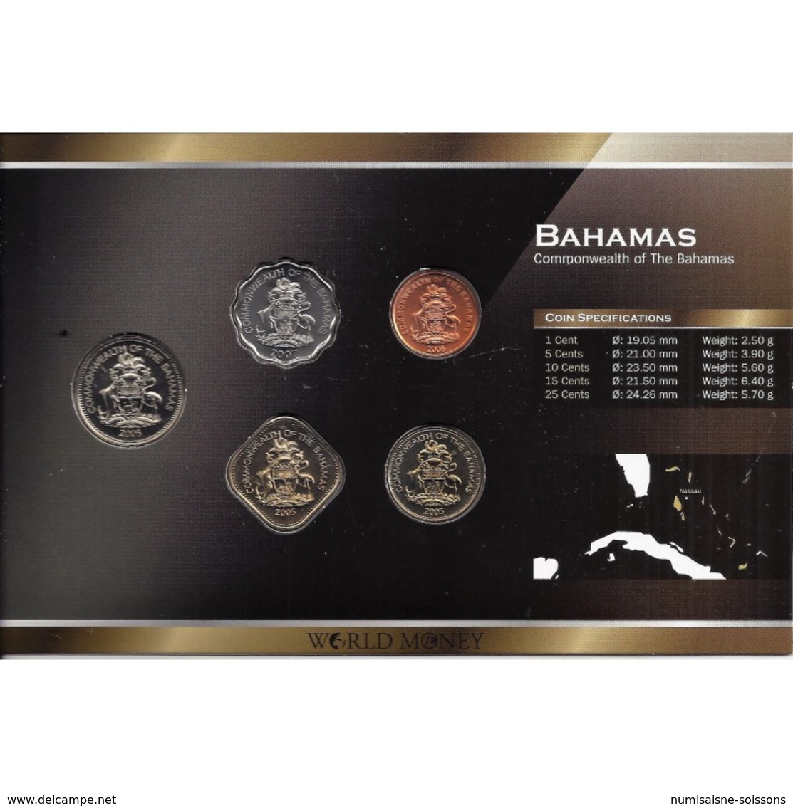 BAHAMAS - SERIE DE 5 PIECES - PLAQUETTE WORLD MONEY - FDC - Bahamas