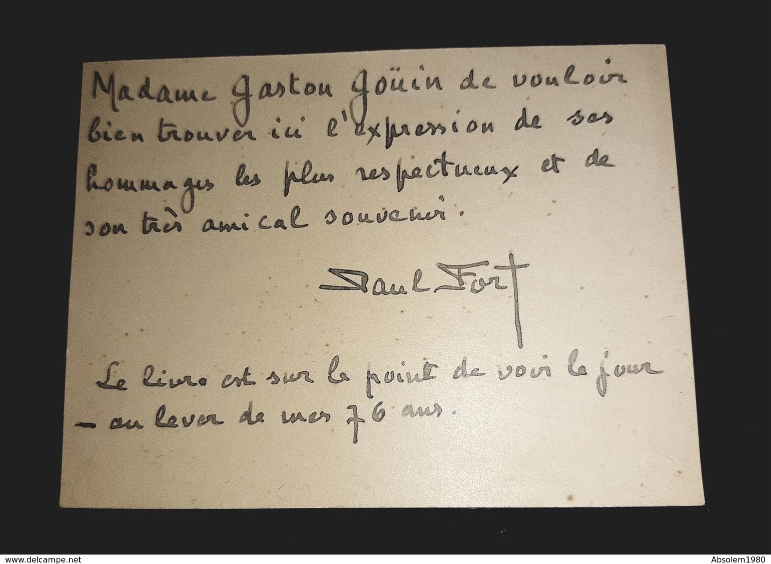 ANCIENNE CARTE MANUSCRITE DE PAUL FORT POEME PATRIARCHE POESIE POETE 1947 SORTIE DE SON LIVRE CONTES SOEUR L'OIE - Manuscrits