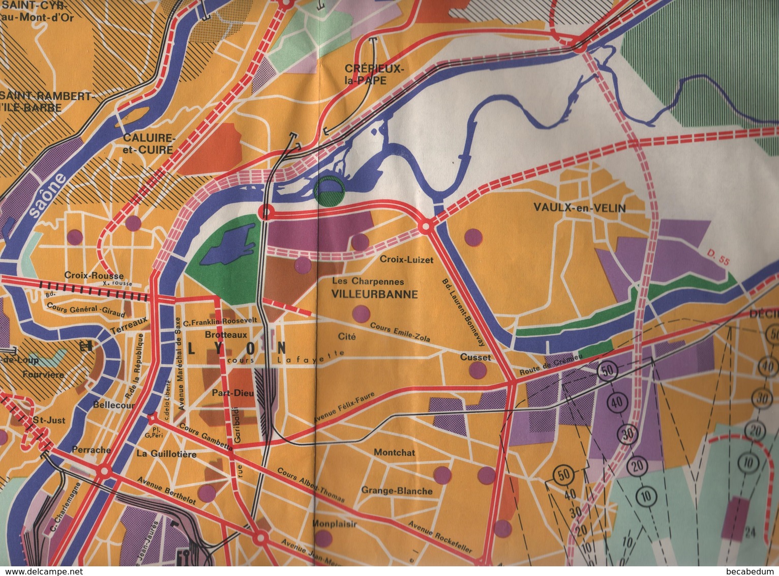 Plan Du Grand Lyon Carte Servitudes Aériennes Aéroport De Bron Zones D'habitation Voies Projetées...Rozier - Europe