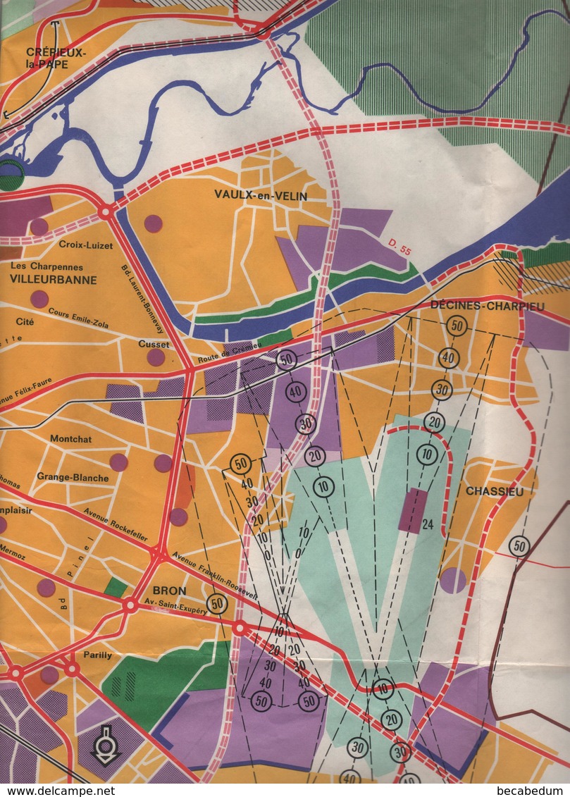 Plan Du Grand Lyon Carte Servitudes Aériennes Aéroport De Bron Zones D'habitation Voies Projetées...Rozier - Europe