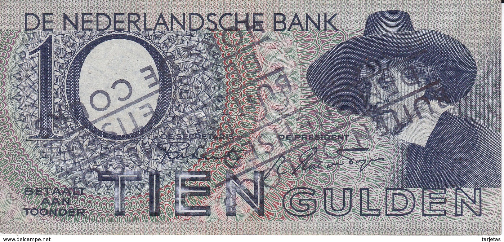 BILLETE DE HOLANDA DE 10 GULDEN DEL AÑO 1943 CON RESELLO DESMONETIZADO Y FUERA DE CURSO LEGAL (BANKNOTE) RARO - 10 Florín Holandés (gulden)