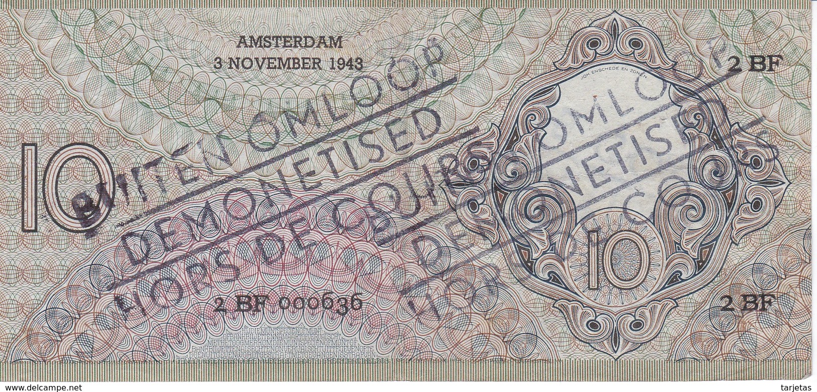 BILLETE DE HOLANDA DE 10 GULDEN DEL AÑO 1943 CON RESELLO DESMONETIZADO Y FUERA DE CURSO LEGAL (BANKNOTE) RARO - 10 Florín Holandés (gulden)