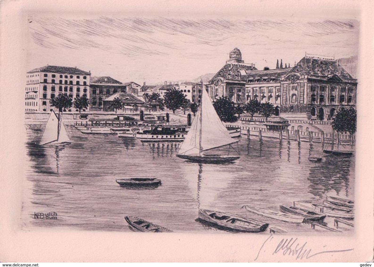 Neuchâtel Le Port, Eau Forte Signée KHBusch (3035) 10x14 - Neuchâtel