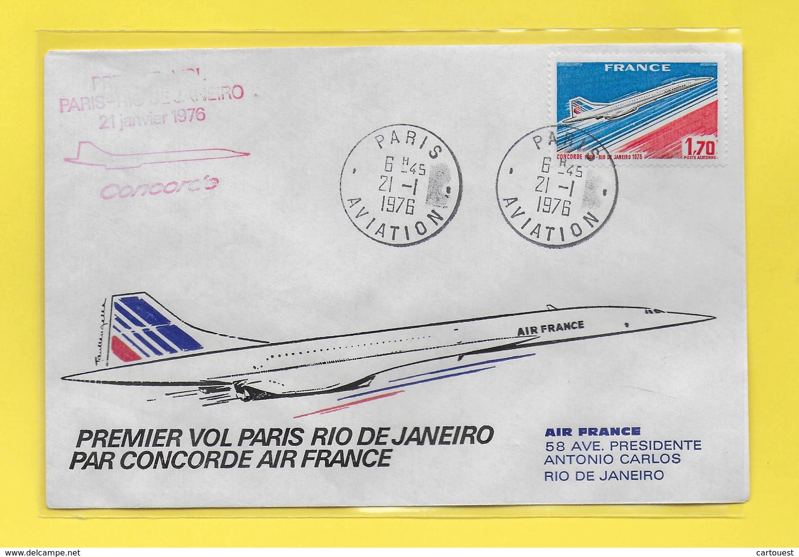 ֎ Concorde Paris-Rio Janeiro 1976 AIR FRANCE Lettre Premier ( 1.70 F Bleu/rouge Et Noir ) ֎ + 2 Flammes SUPERSONIQUE - Concorde