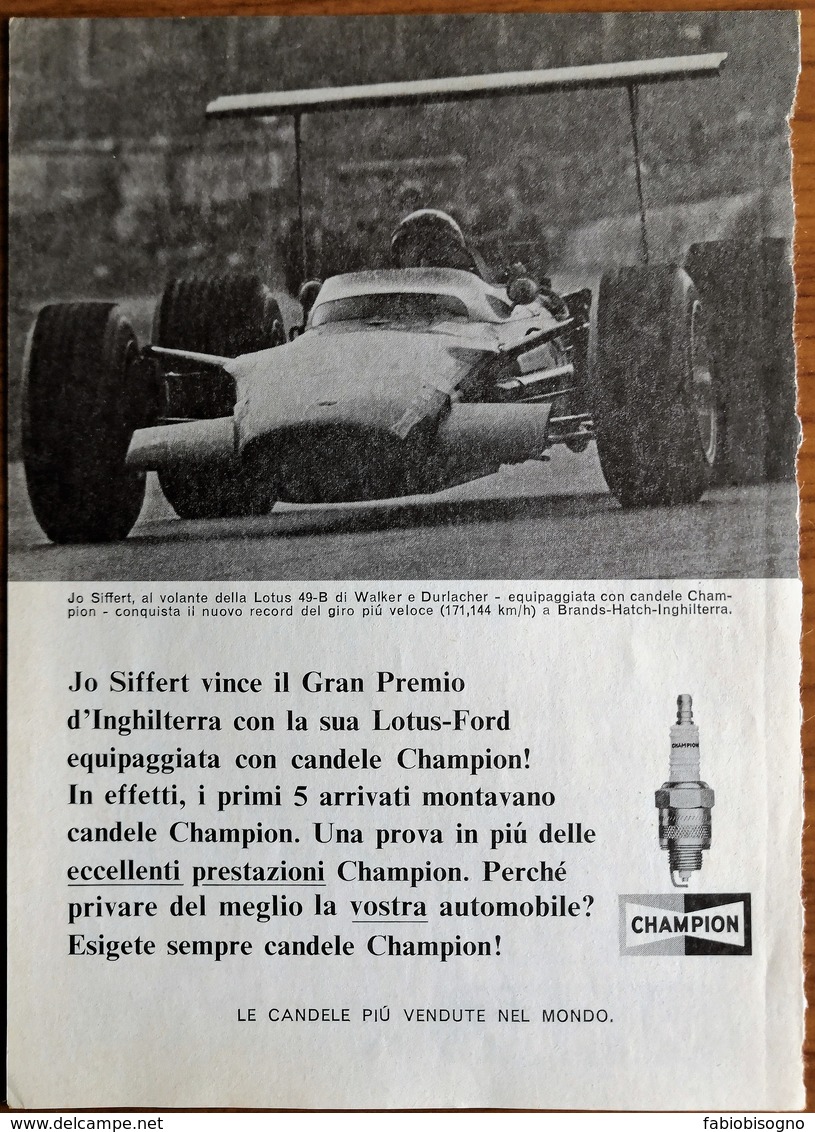 1968 - Candele CHAMPION Su LOTUS 49-B Jo Siffert A Brands Hatch - 1 Pag. Pubblicità Cm. 13 X 18 - Automobilismo - F1