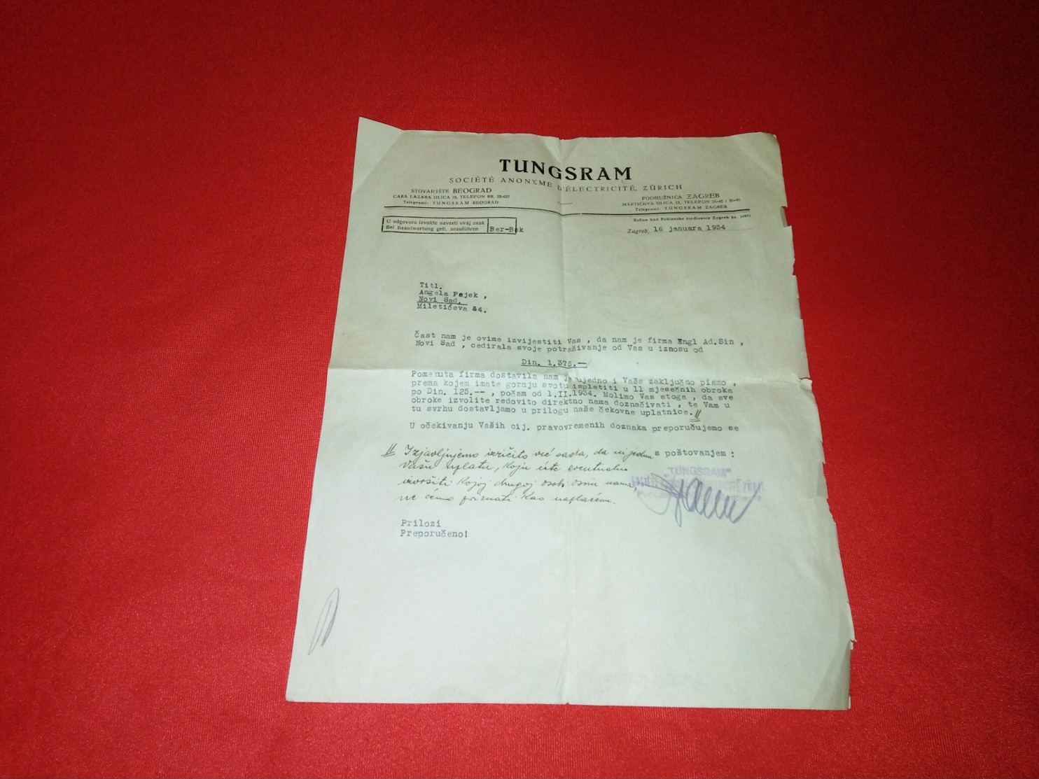 TUNGSRAM Societe Anonyme Delectricite Zurich - Kingdom Of Yugoslavia Zagreb Beograd - RARE - Suisse