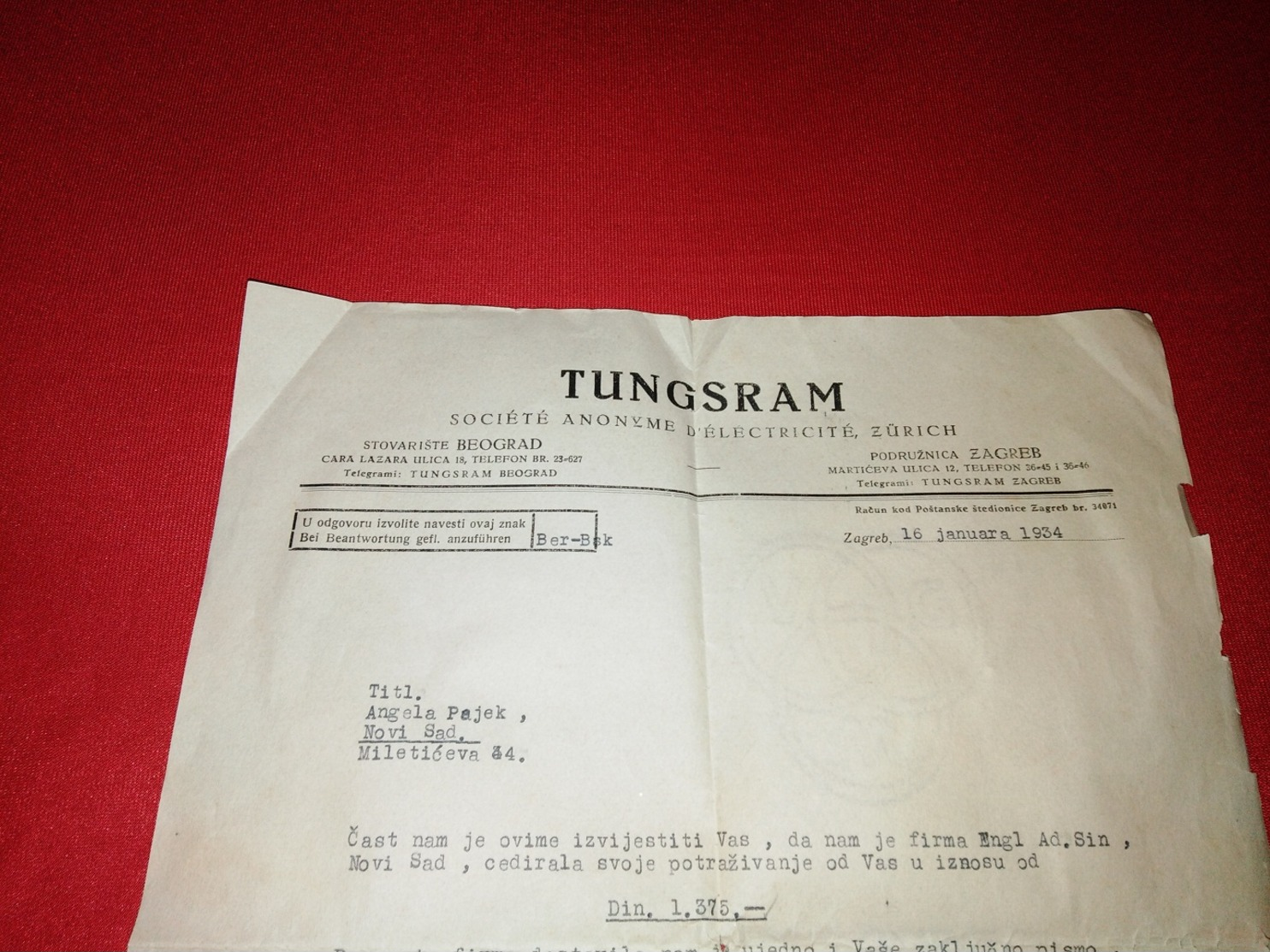 TUNGSRAM Societe Anonyme Delectricite Zurich - Kingdom Of Yugoslavia Zagreb Beograd - RARE - Switzerland