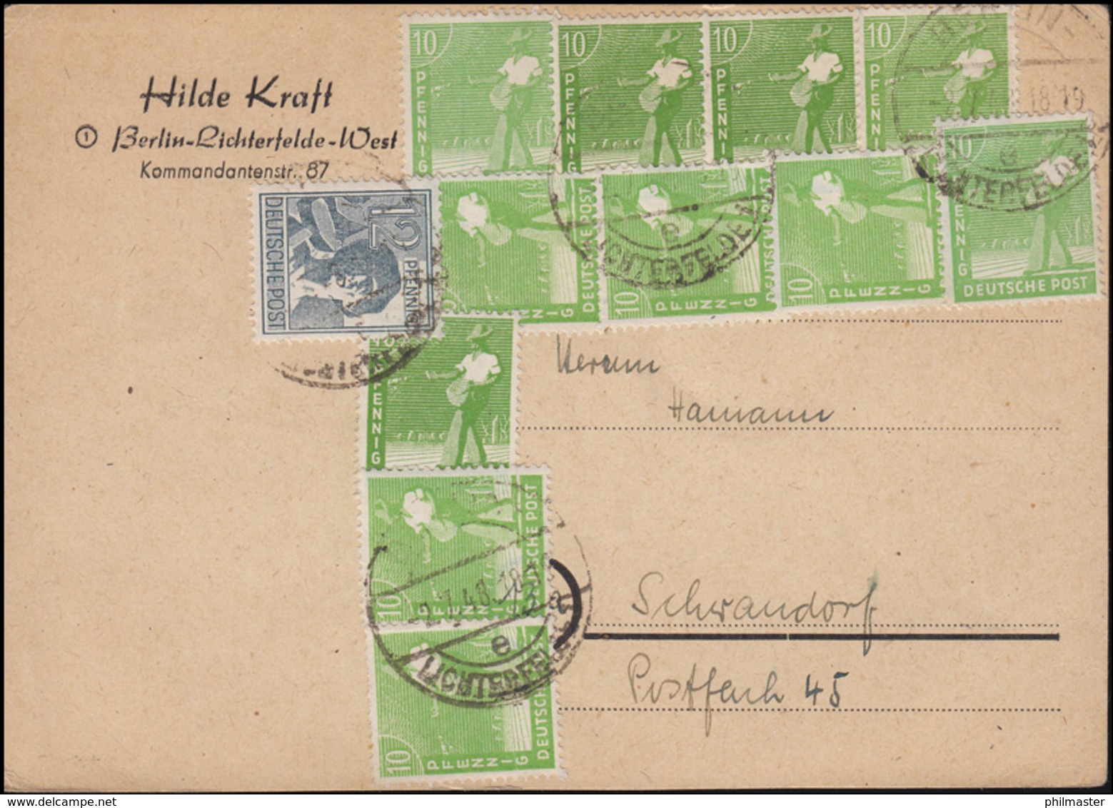946 Sämann 11x10 Pf (Farben!) + ZF Zehnfachfrankatur Postkarte BERLIN 2.7.48 - Autres & Non Classés