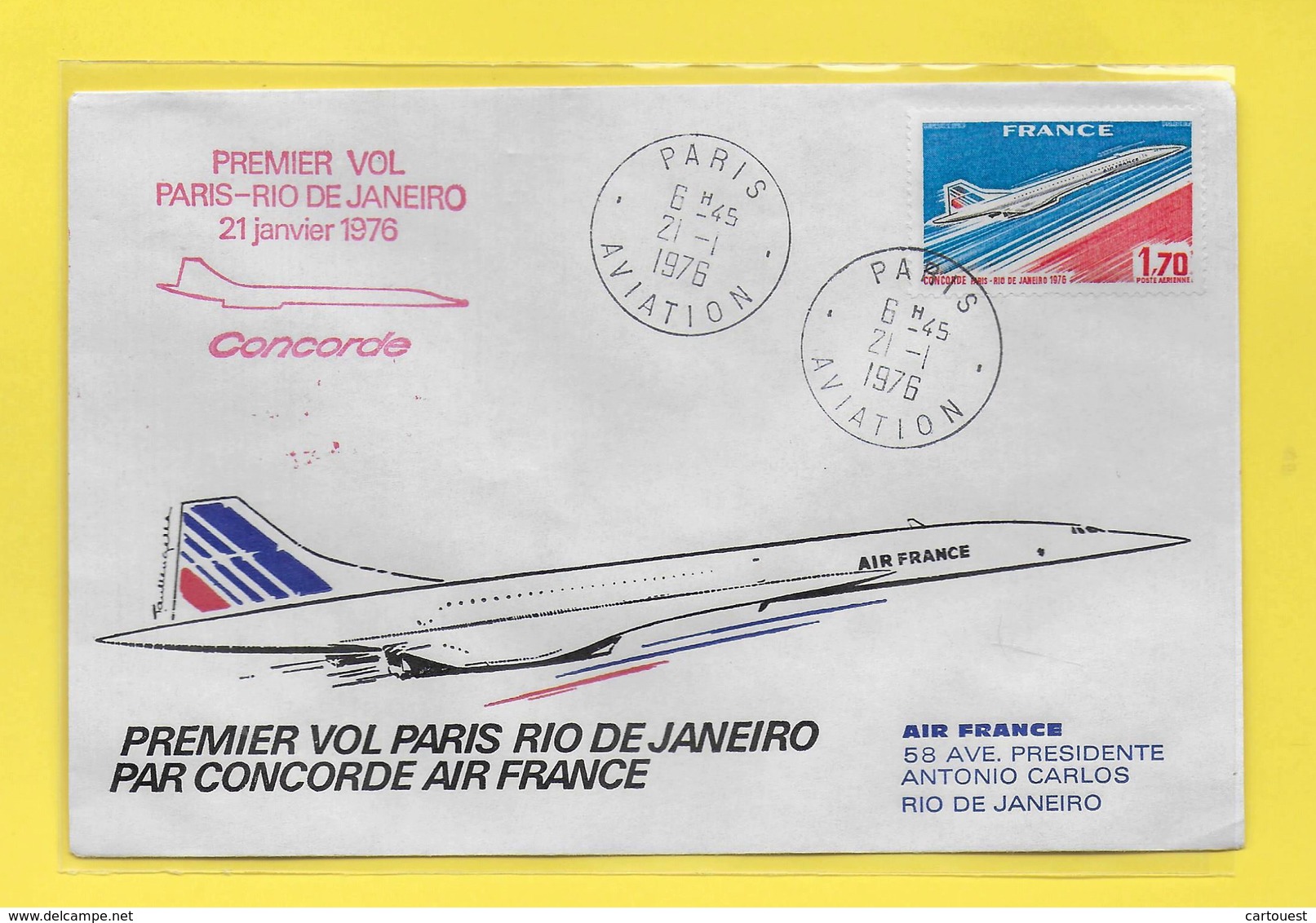 ֎ Concorde Paris-Rio Janeiro 1976 AIR FRANCE Lettre Premier ( 1.70 F Bleu/rouge Et Noir ) ֎ +  Flamme SUPERSONIQUE - Concorde