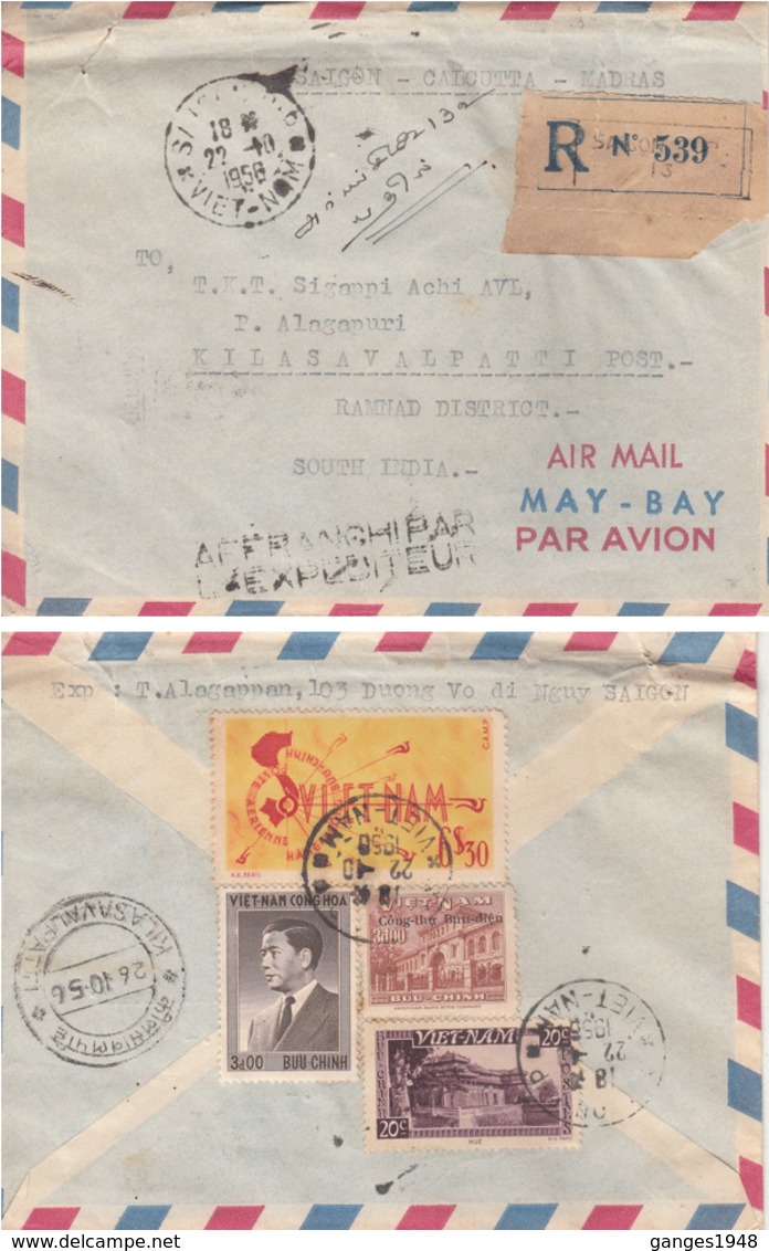 Vietnam  1956 Registered Commercial Cover To India  # 18180  D  India Inde Indien - Vietnam