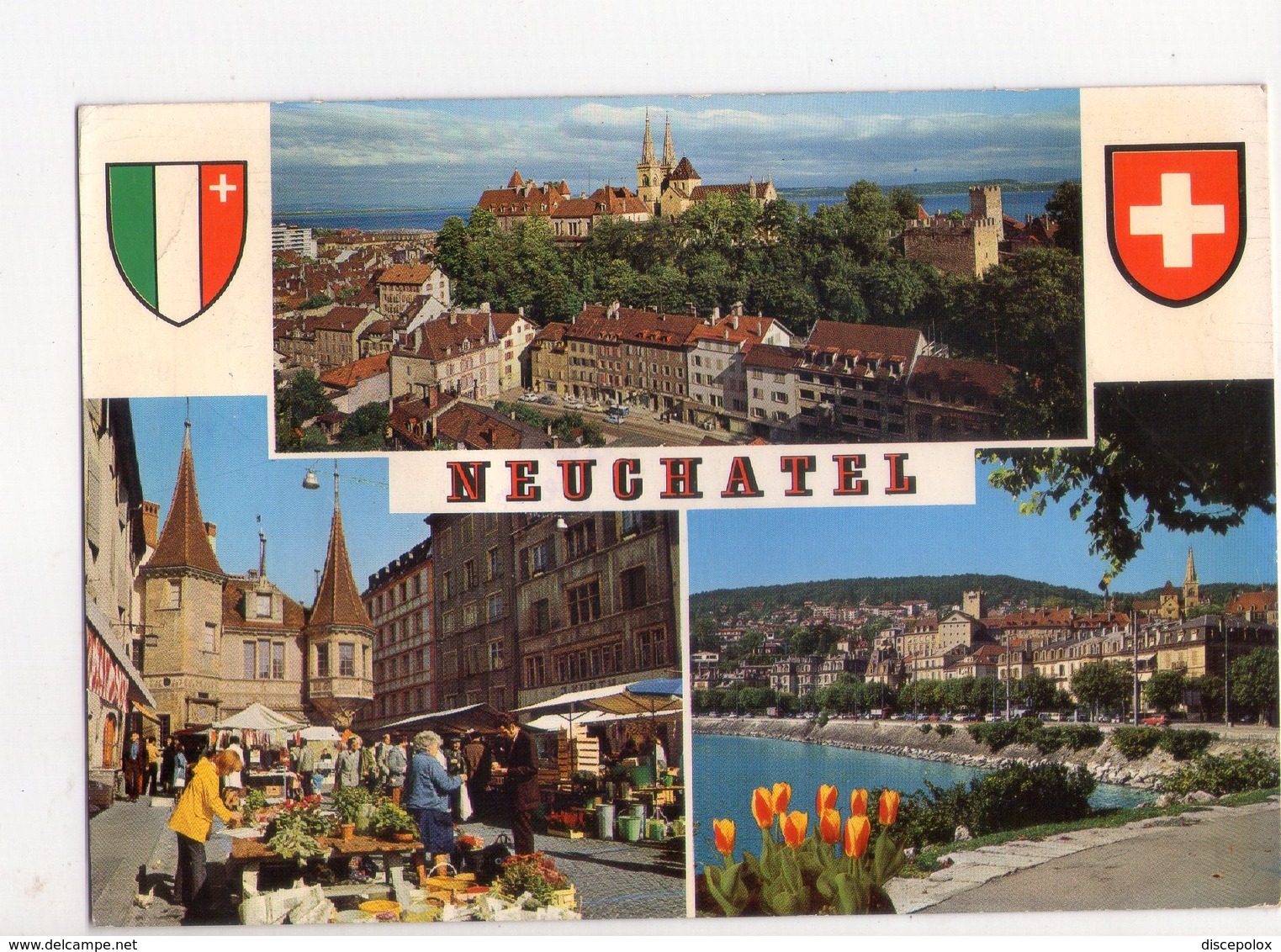 U4428 Postcard NEUCHATEL -LA COLLEGIALE, LE CHATEAU, LES REMPARTS + STEMMA _ ED LINDA COLOR 9338 - Neuchâtel