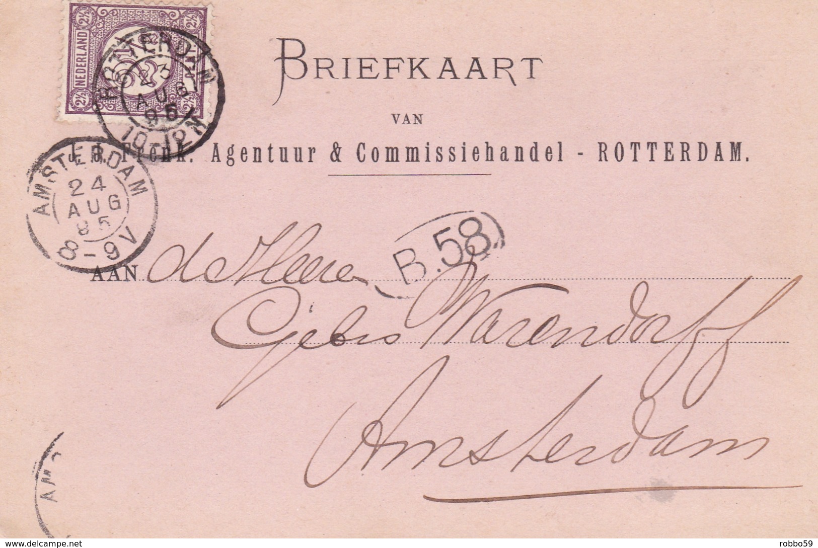 Netherlands 1895 J.J.Frenk  Rotterdam To Amsterdam Postcard - Postal Stationery